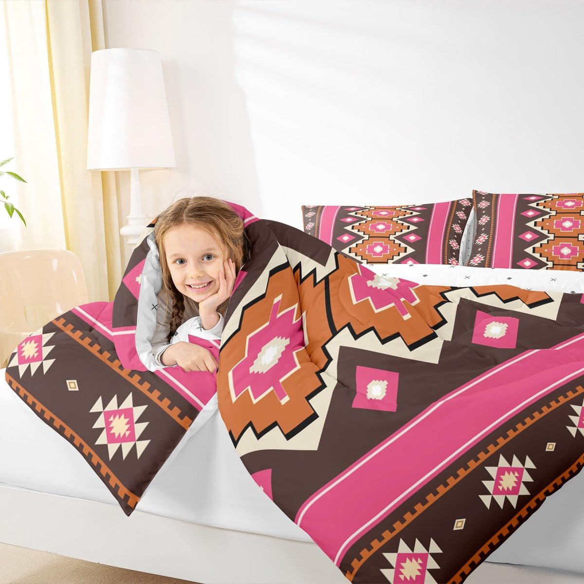 Feelyou Boho Aztec Comforter Set Twin Size West Bedding Set for Kids Boys Girls Pink Brown Duvet Quilt Western Bedroom Decor Microfiber 2 Pcs with 1 Pillow Cases
