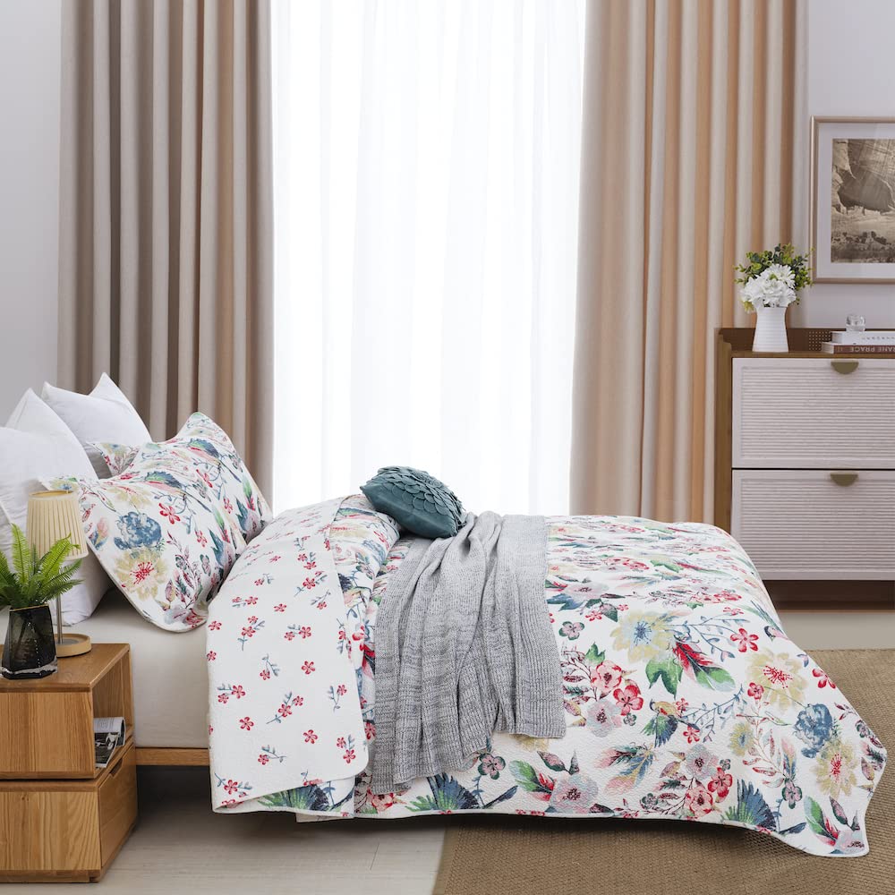 DAUAOTO Cotton Quilt Set Queen Size,Bed Coverlet Reversible Bedspread (Pattern Bird & Floral)