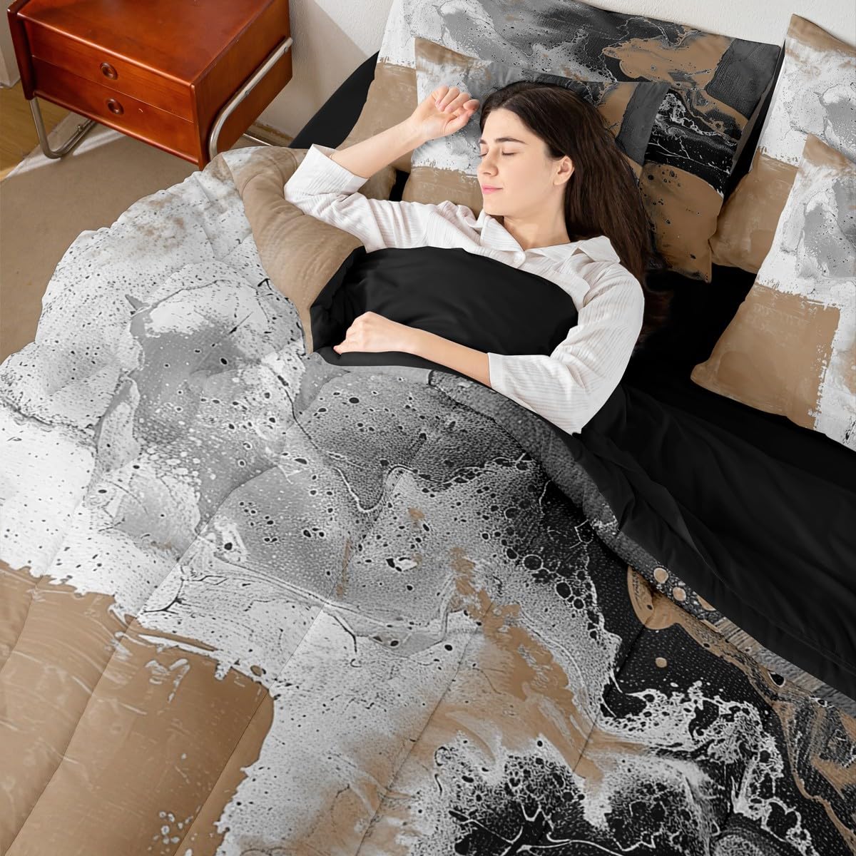 Feelyou Abstract Comforter Set with Sheets 7 Piece King Size Modern Abstract Art Bed in a Bag Kids Boys Girls Luxury Bedding Set Geometric Bedroom Decor Balck and Brown Soft Lightweight Microfiber