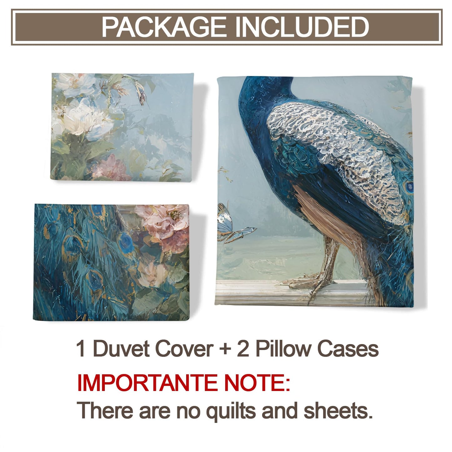 Blue Peacock Comforter Cover 68" x 90", Bird and Floral Bedding Twin Size, Chinoiserie Duvet Cover with 2 Pillowcases
