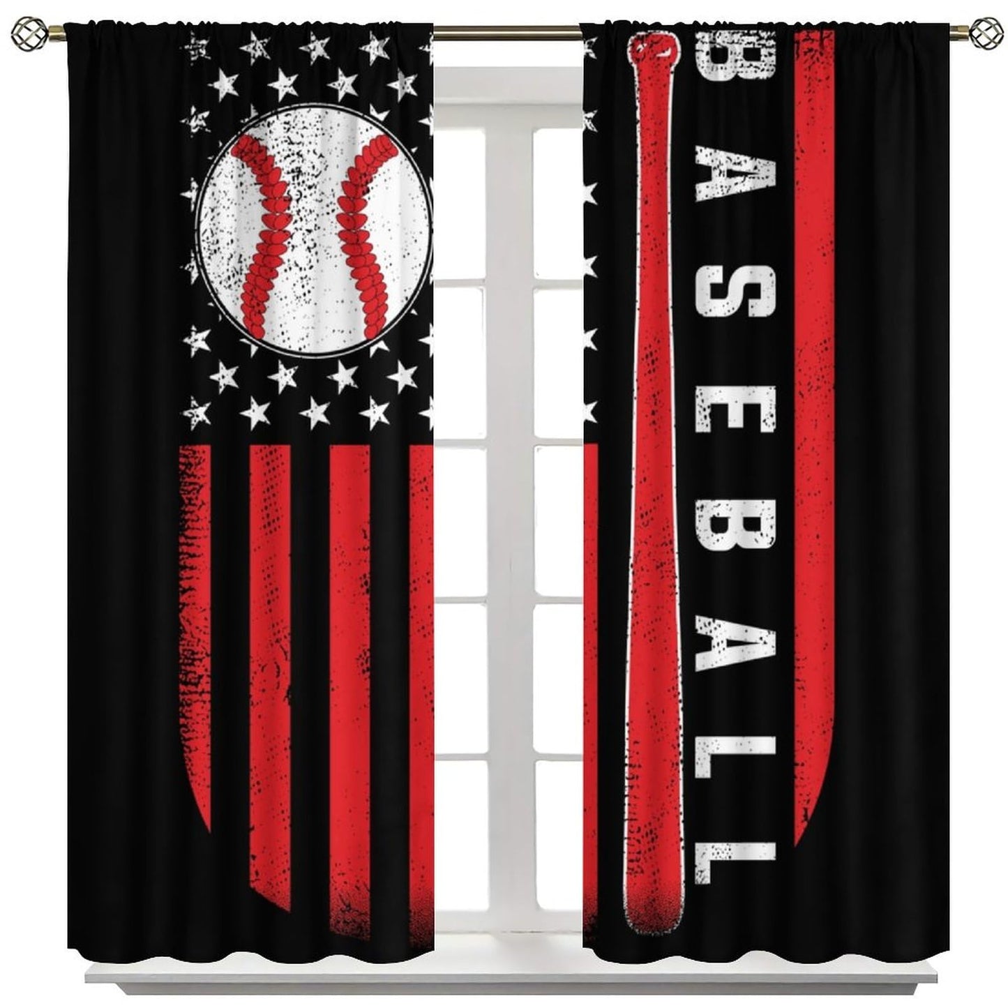 Baseball Curtains Home Décor,Sports Themed Flag Design Darkening Window Treatments for Teens Girls Boys Bedroom Living Room Drapes 2 Panel Sets Total Size 42" x 45"Black Red