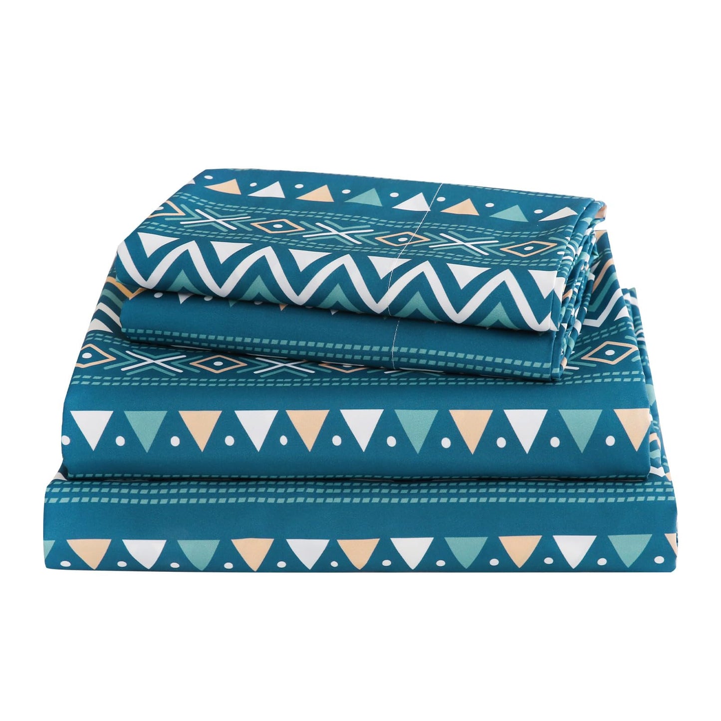 CozySmile Boho Sheet 4 Pieces Queen Sheet Set Bohemian,Queen Size Breathable Soft Microfiber Deep Pocket Bedding Sheet, Western Sheets Geometric(King, Teal Geometric)