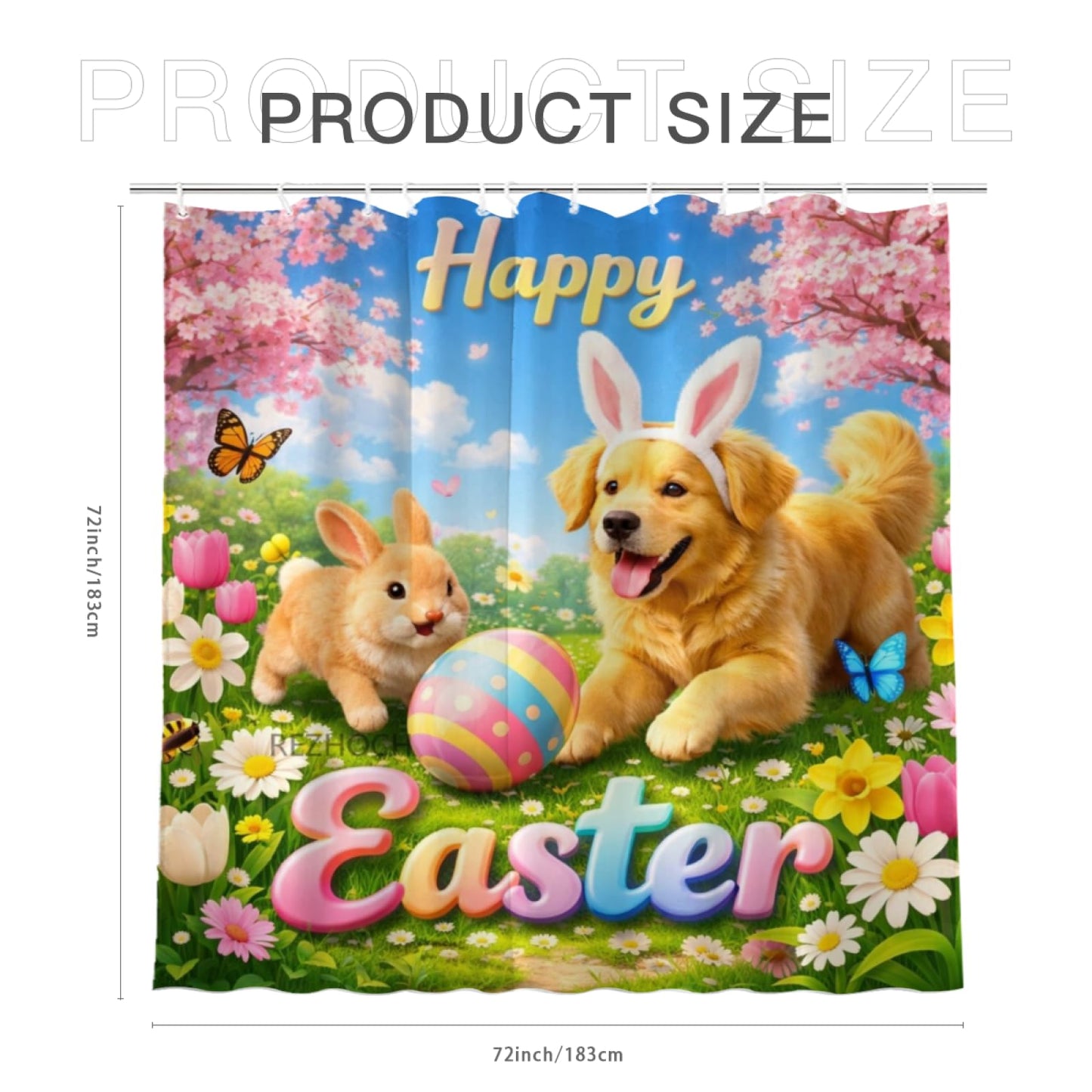 REZHOCH Easter Funny Golden Retriever Shower Curtain 72x72 Inch,Spring Garden Home Bathroom Decor,Cute Bunny Easter Eggs Floral Farmhouse Waterproof Fabric Holiday Bath Set with Hooks