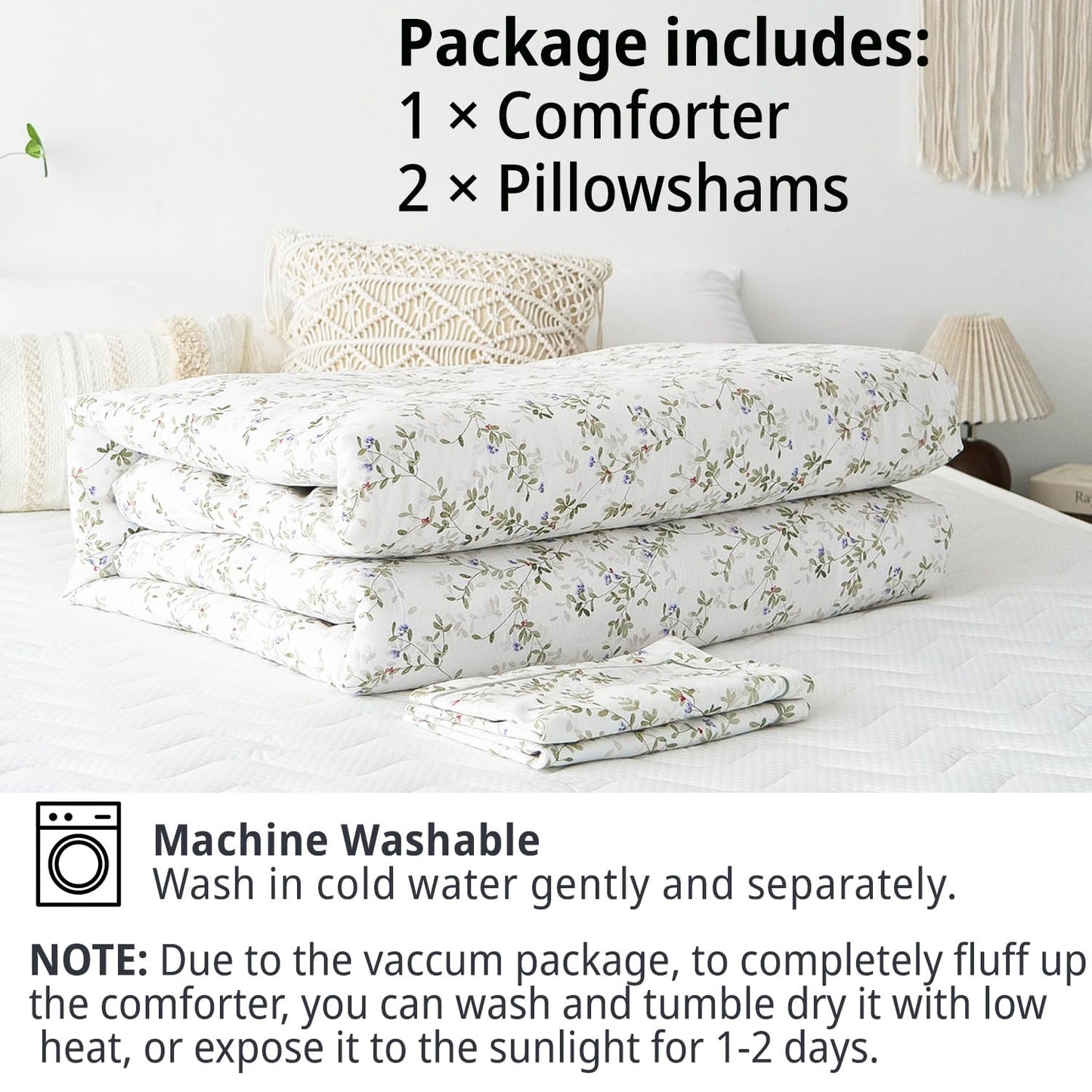 LEMIROE Botanical Cotton Comforter King Size - Tender Green Comforter Printed with Leafy Branches & Purple Stamens on Off-White,Reversible Lightweight Bedding Sets 3Pcs