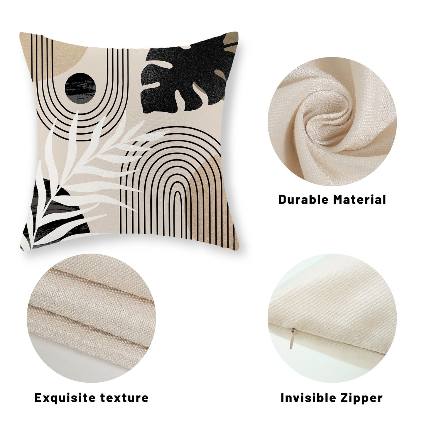 JEFERSO Boho Pillow Covers 18x18 Set of 2 Mid Century Black Beige Tropical Leaf Throw Pillow Covers Outdoor Decor Modern Abstract Decorative Pillow Cases Farmhouse Linen Cushion Case for Couch Sofa