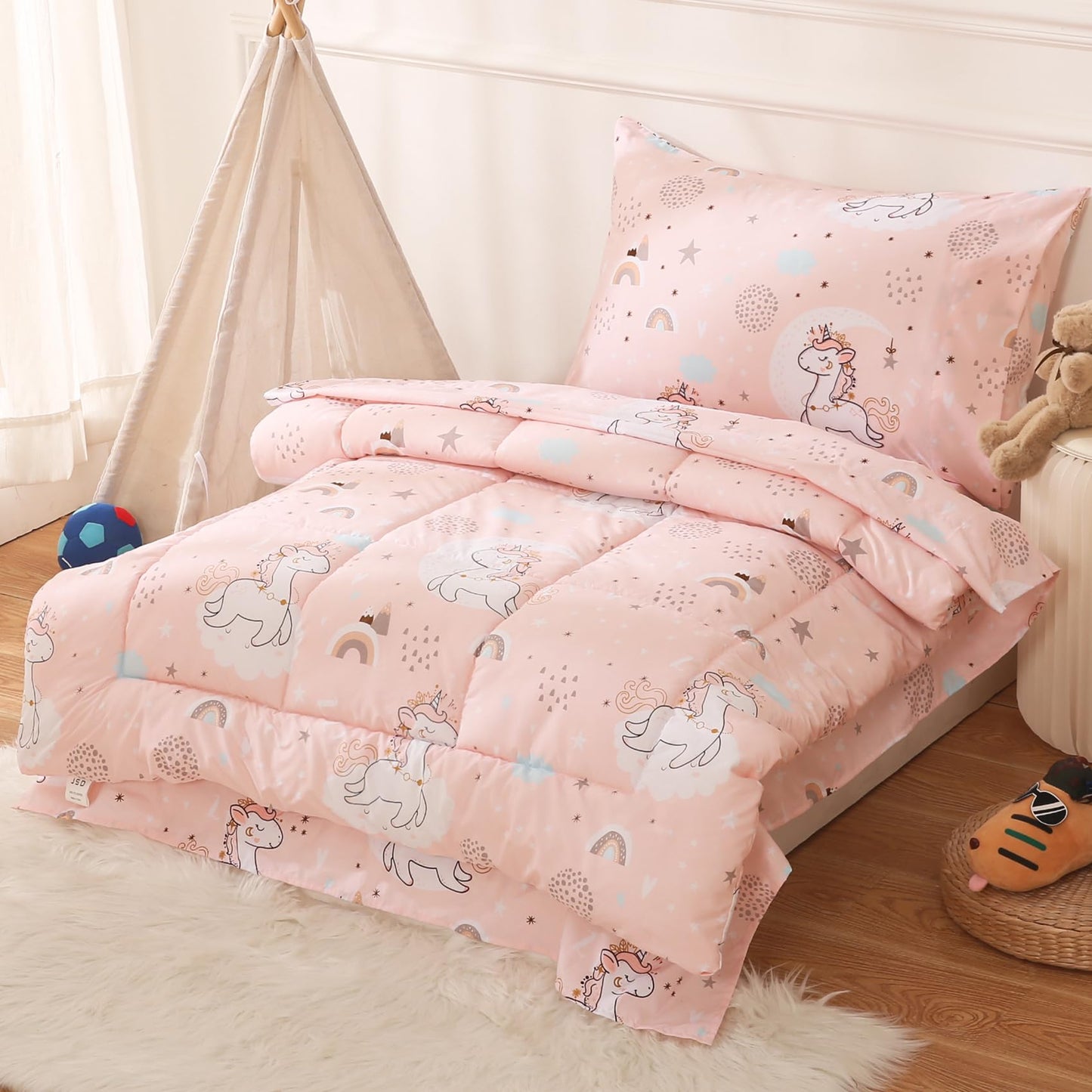 JSD Pink Unicorn Toddler Bedding Set, 4 Piece Bed-in-a-Bag Toddler Microfiber Comforter Sheet Set, Oeko-Tex Certified All Season Machine Washable