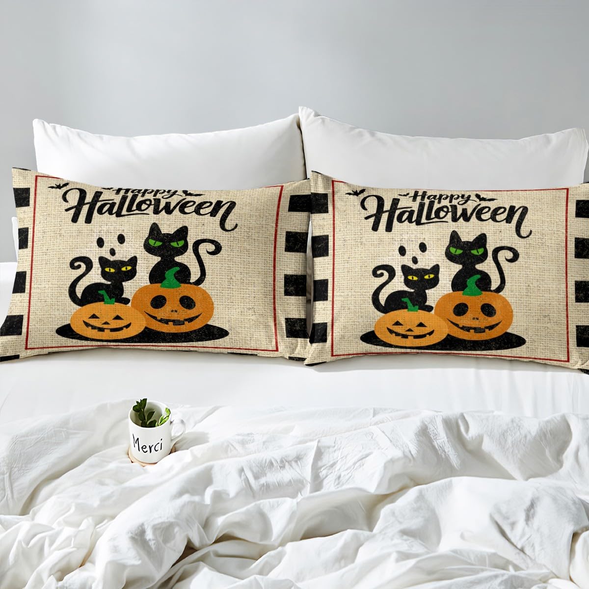 jejeloiu Pumpkin Bed Sheets Set Queen Size Halloween Decor Bed Set Black Cat Deep Pocket Fitted Sheet Spooky Halloween Pattern Breathable Soft Lightweight Microfiber