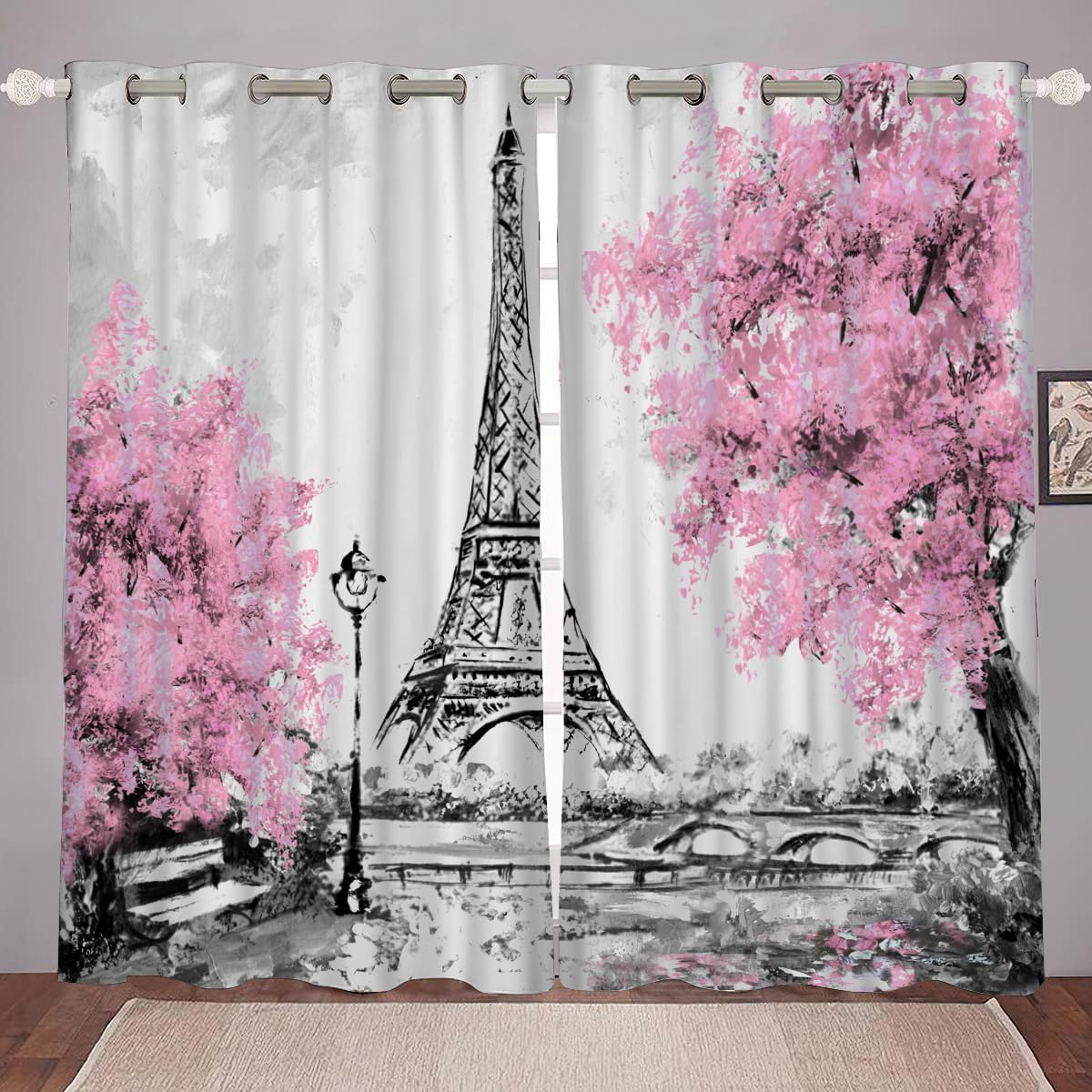 kxry Pink Paris Blackout Curtains for Bedroom Living Room Eiffel Tower Flower French Style Darkening Grommet Curtain 63 Inches Long Window Drapes Treatment Room Decor,2 Panels Set, 42''W x 63''L