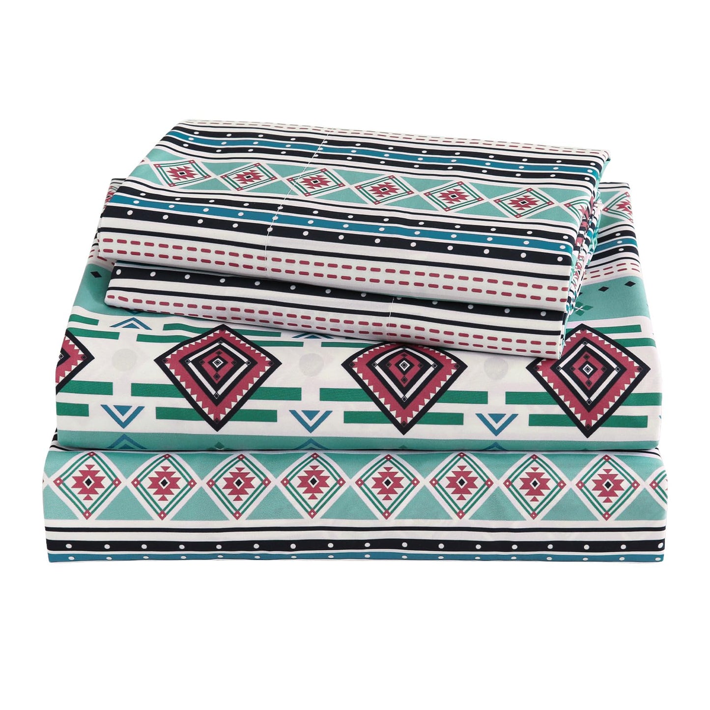 CozySmile 4 Pieces Queen Sheet Set Bohemian, Boho Sheets Soft Microfiber Deep Pocket, Western Sheets Geometric(Queen, Mint Coral Striped)