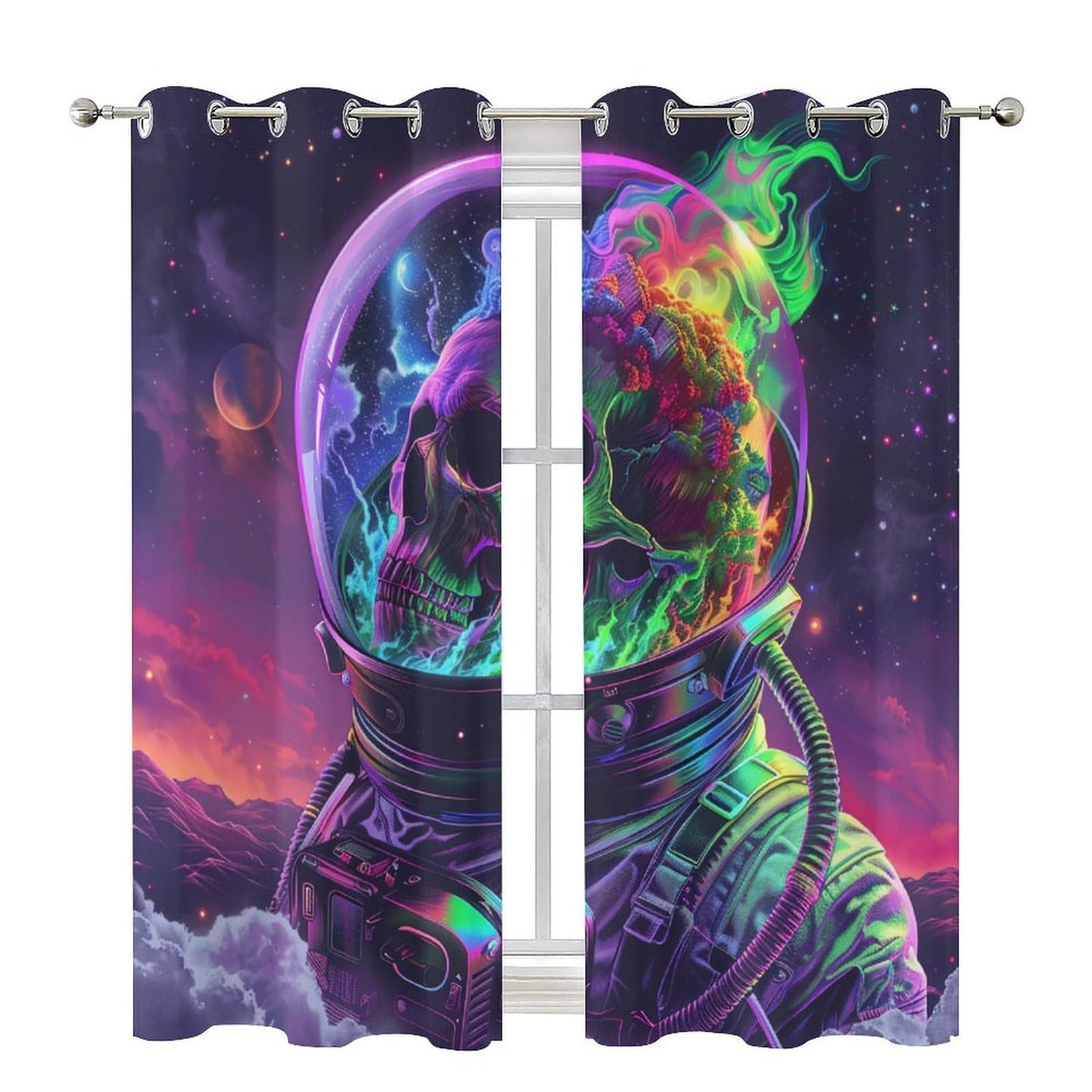 HDESDIS Mystical Horror Skull Blackout Curtains for Bedroom, Gothic Astronaut Skeleton Star Space Grommet Curtains Thermal Insulated Window Drapes for Living Room, 21W x 45L, 2 Panels