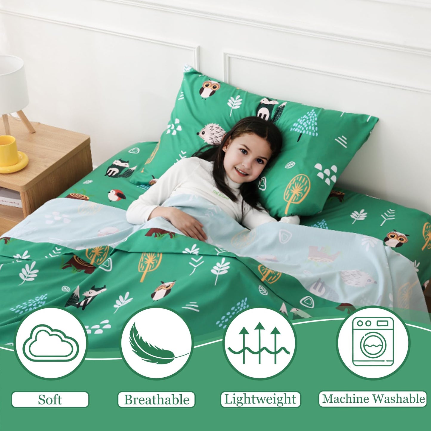 Green Forest Animals Twin Sheets Set for Kids 3 Piece Soft Microfiber Bed Sheets with Deep Pocket Cartoon Fox Owl Hedgehog Printed Bedding for Children Boys Kids (Animal Forest, Twin)