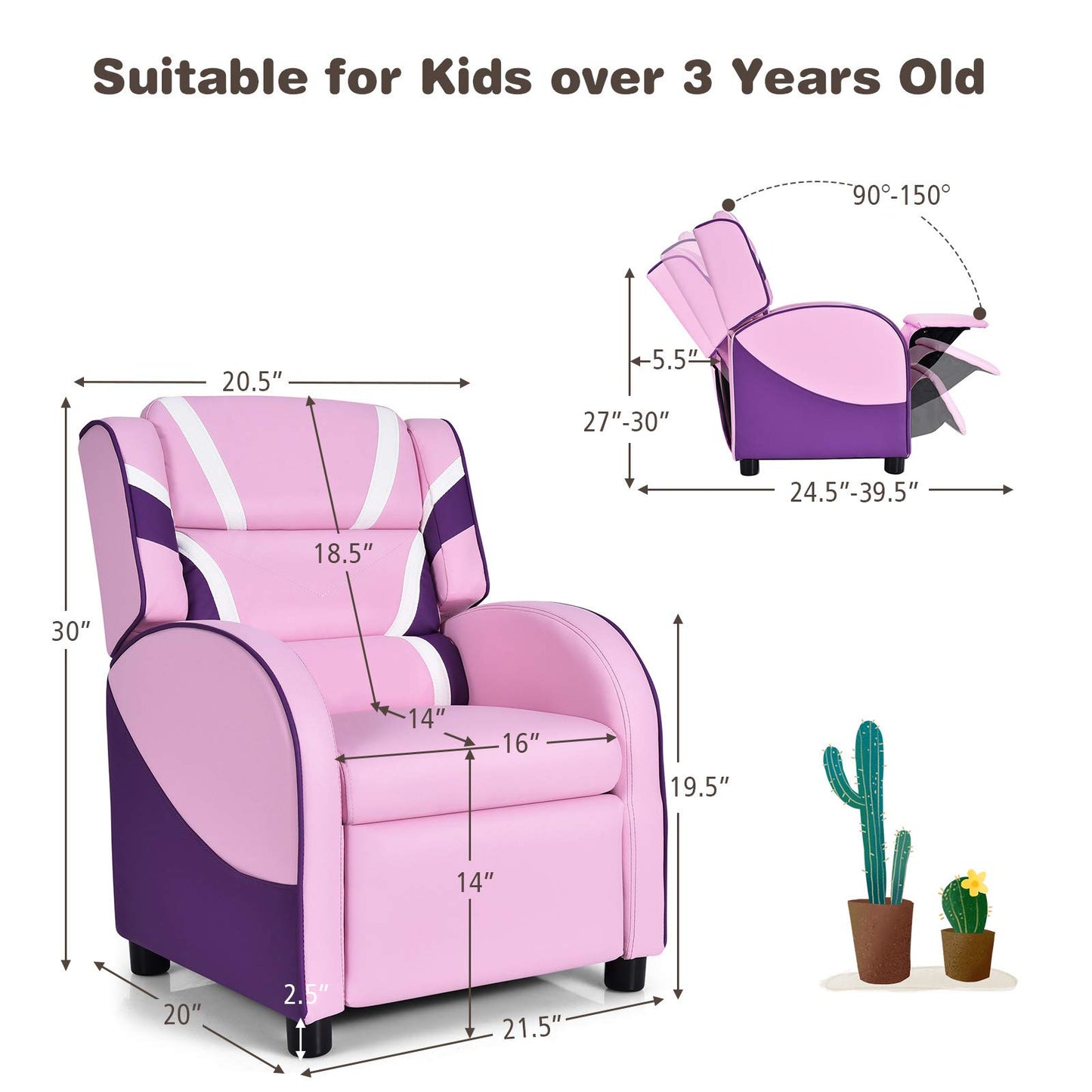 Costzon Kids Recliner, Gaming Recliner Chair w/Footrest, Headrest, Lumbar Support & Side Pockets, Ergonomic Leather Lounge Chair for Living & Gaming Room, Adjustable Recliner Sofa for Boys Girls, Pink