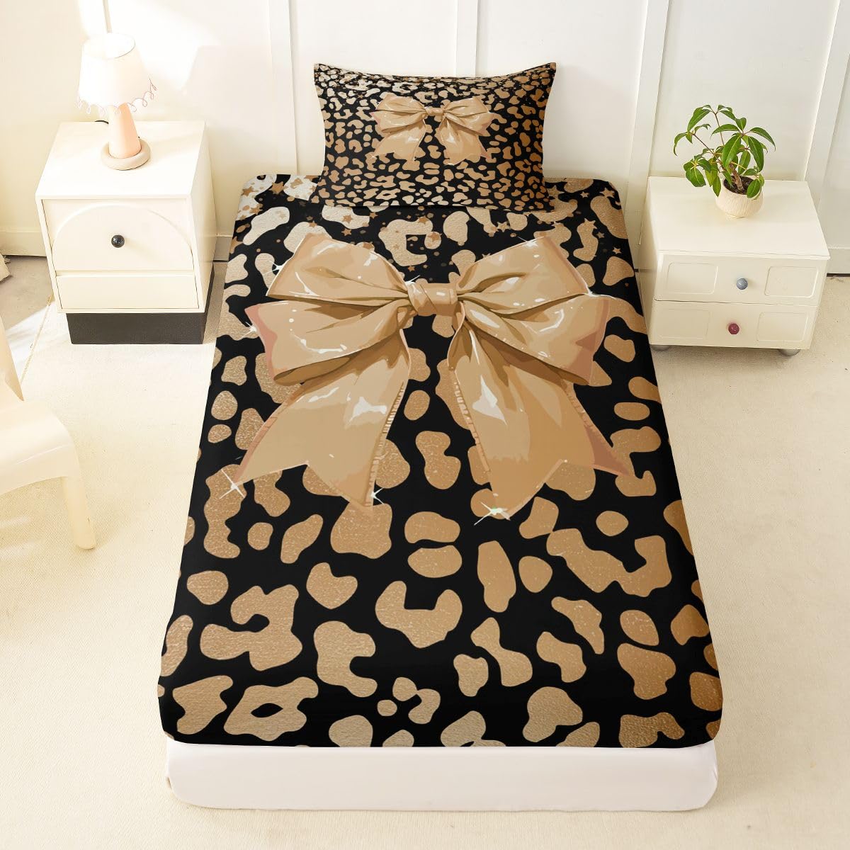 jejeloiu Brown Bowknot Fitted Sheet Twin Size for Kids Boys Girls Dreamy Princess Style Bed Sheets Set 16" Deep Pocket Soft Breathable Microfiber Cute Leopard Bow Bedding with 1 Pillowcase Room Decor