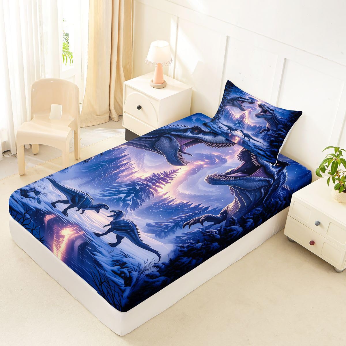 Feelyou Dinosaur Bed Sheets Set Twin Size 3D Digital Print Bed Set Jungle Dino Deep Pocket Fitted Sheet Wild Animal Breathable Soft Lightweight Microfiber Blue Purple