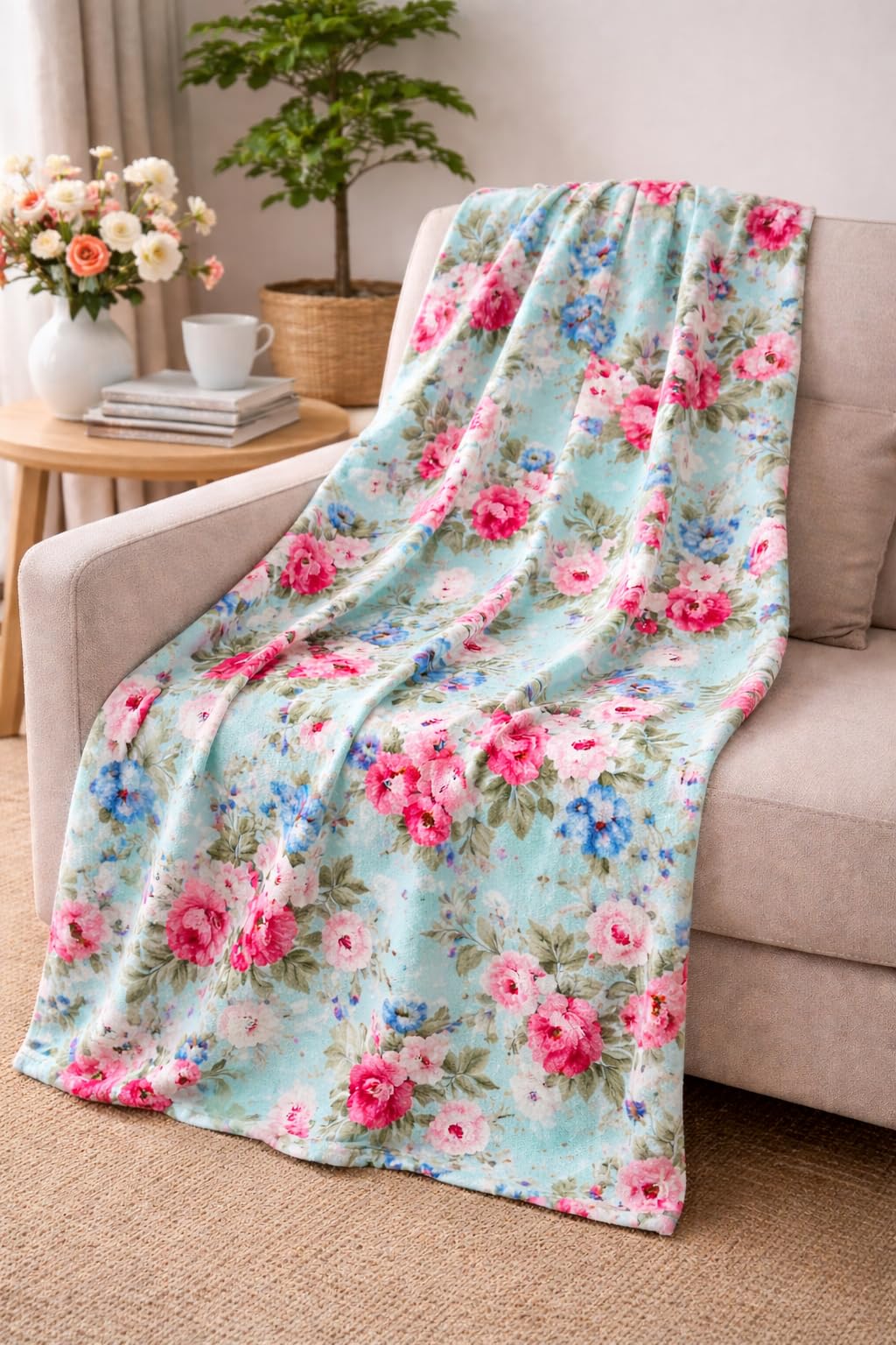 Serafina Home Spring Velvet Fleece Floral Throw Blanket: Rose Garden of Pink Blue Green Flowers on a Colorful Soft Cozy Aqua Design, Oversized 50" x 70"