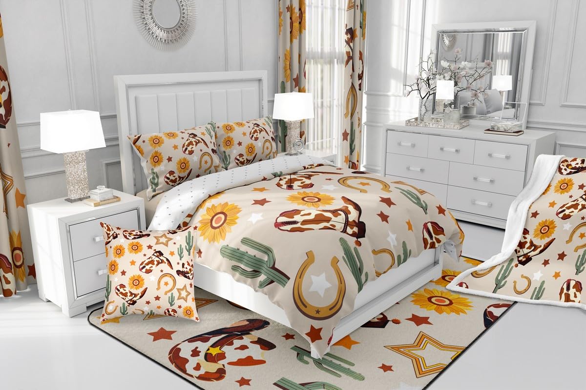 Feelyou Western Comforter Set Full Size Cowgirl Bedding Set for Kids Boys Girls Western Cowboy Boots Duvet Quilt Wild West Cactus Flower Bedroom Decor Beige Microfiber 3 Pcs with 2 Pillow Cases