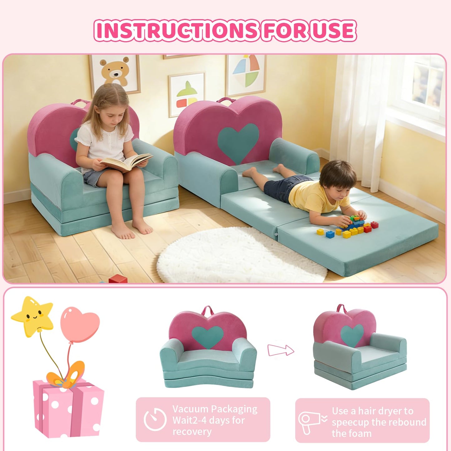 KKS KAKINNSYUU 2 in 1 Toddler Couch Kids Sofa, Fold Out Foam Couch Convertible to Lounger, Soft Plush Toddler Sofa for Playroom, Kids Furniture Gift for Birthday Childrens Day, Pink Heart