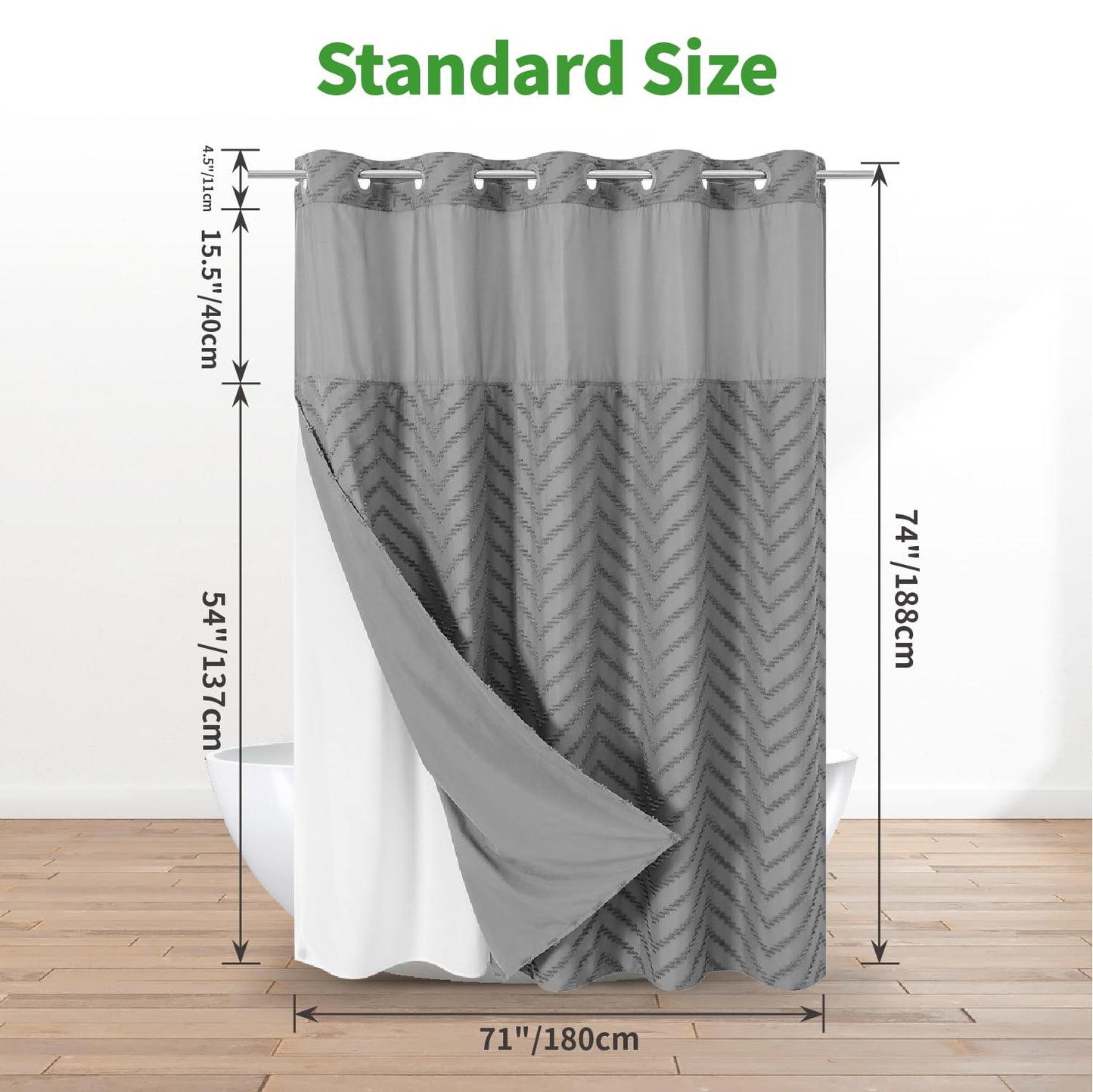 eachope No Hook Tufted Chevron Striped Shower Curtain with Snap-in Fabric Liner set-71Wx74H(72H),Grey Hotel Grade Boho Style Shower Curtain with See Through Top Window,Water Repellent