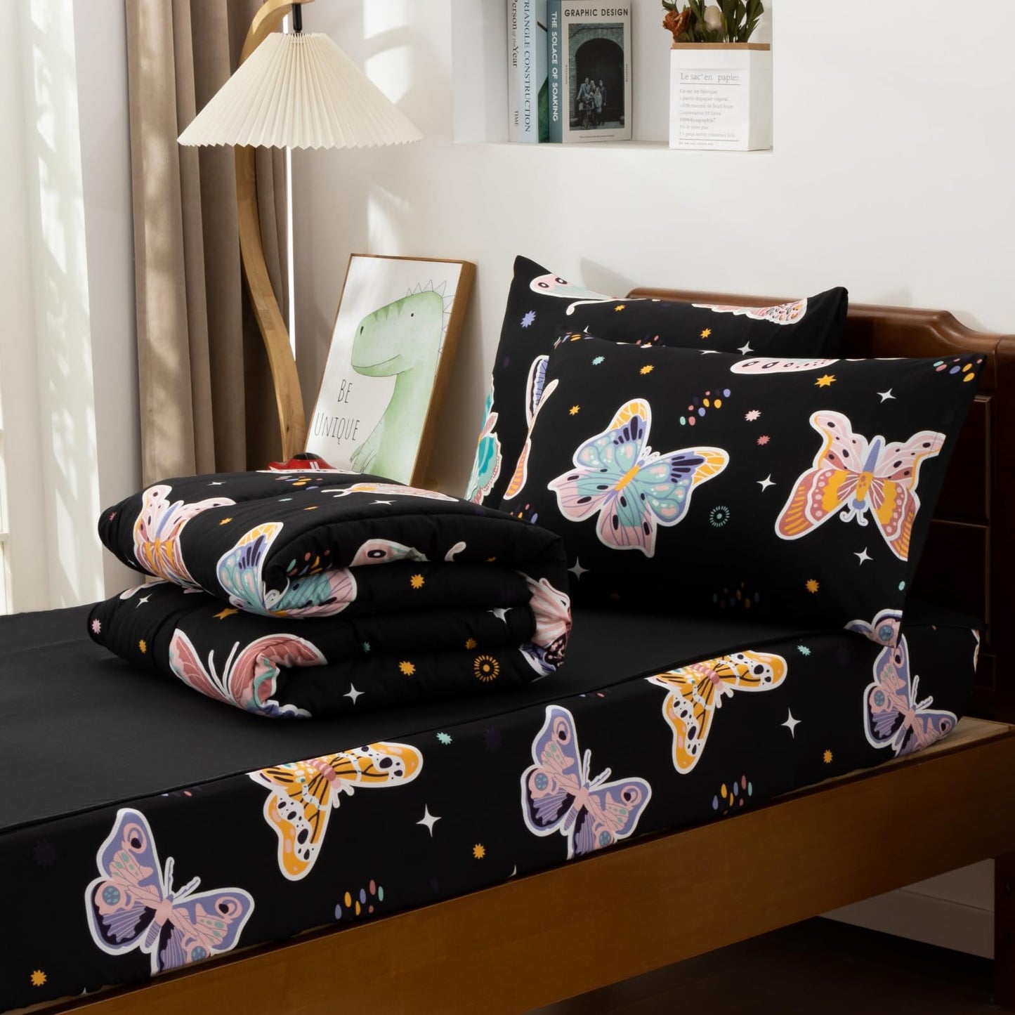 Meeting Story Glow in the Dark Girl Twin Butterfly Bedding Sets Zipper Bedding, 3 Pcs Zip Up Comforter Bed in a Bag with Fitted Sheet and 2 Pcs Pillowcases(Blackpurple,Twin)