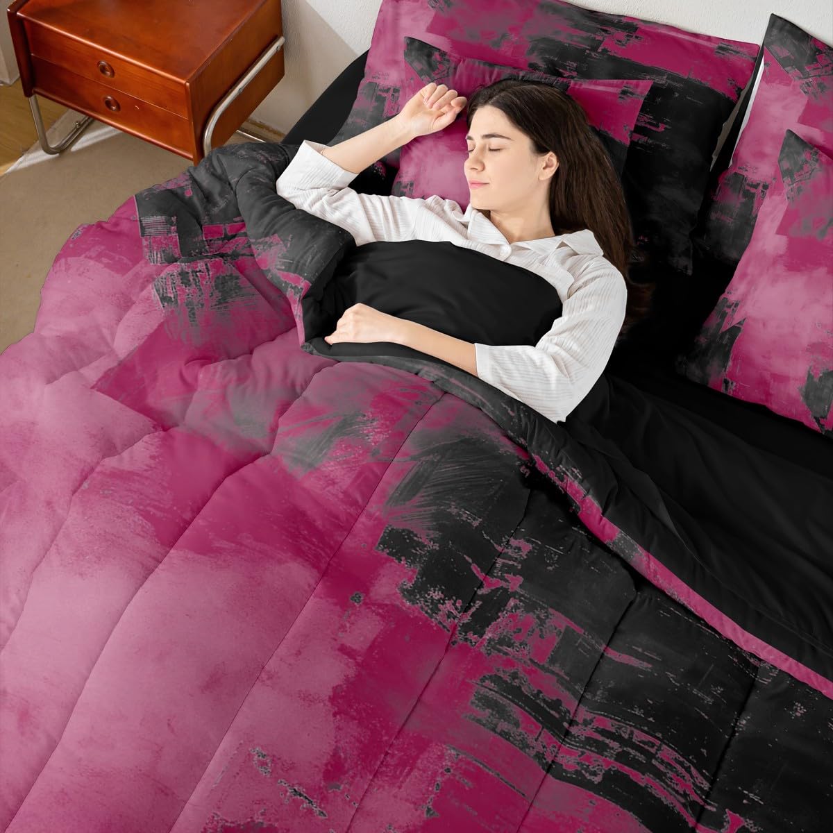 Feelyou Abstract Comforter Set with Sheets 7 Piece King Size Modern Abstract Art Bedding Set for Kids Boys Girls Luxury Bed in a Bag Geometric Room Decor Dark Rose Soft Lightweight Microfiber