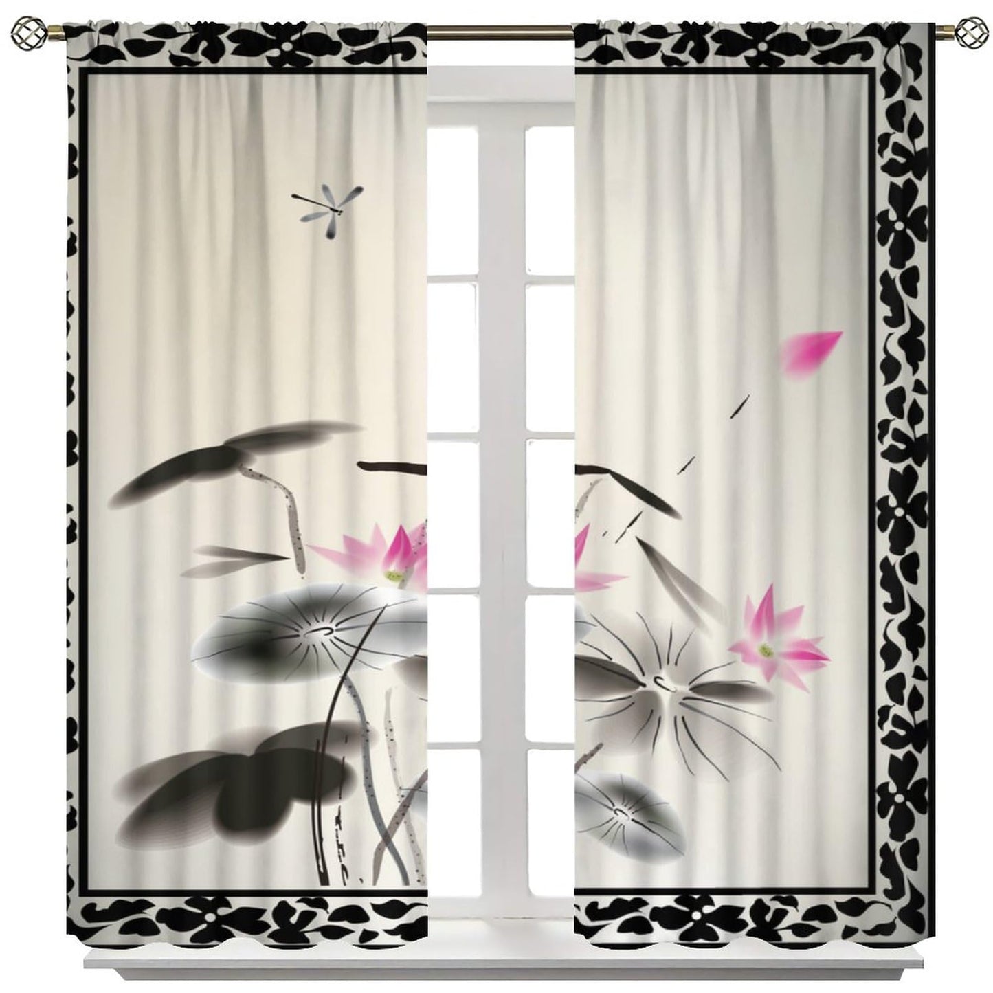JESTRONRY Japanese Window Curtains, Oriental Asian Chinese Traditional Ink Painting Lotus Flowers Illustration Art Thermal Insulated Curtains for Bedroom Living Room Office W42xL45in