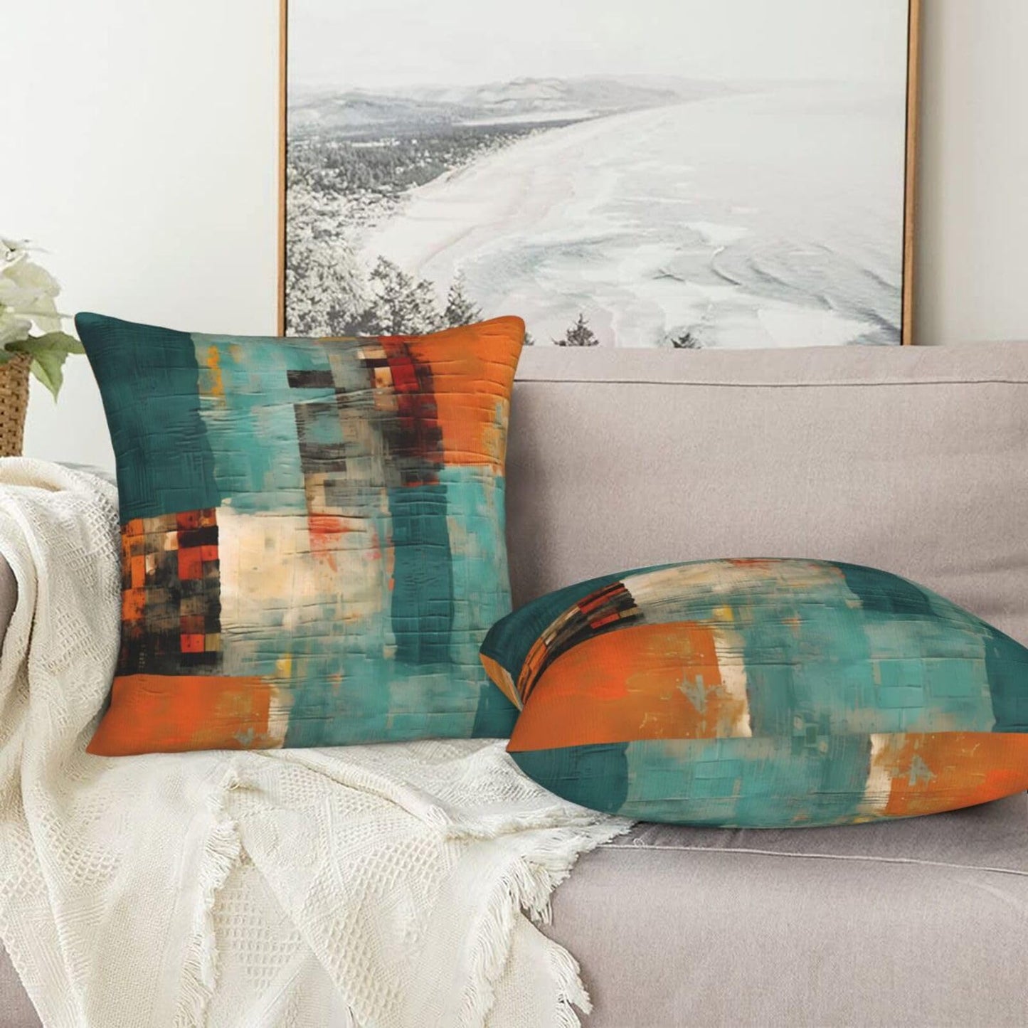 Yopiiefa Abstract Teal Green and Orange Throw Pillow Covers 18x18 Set of 2 Messy Rust Painting Decorative Pillow Covers for Sofa Couch Bed Home Decor