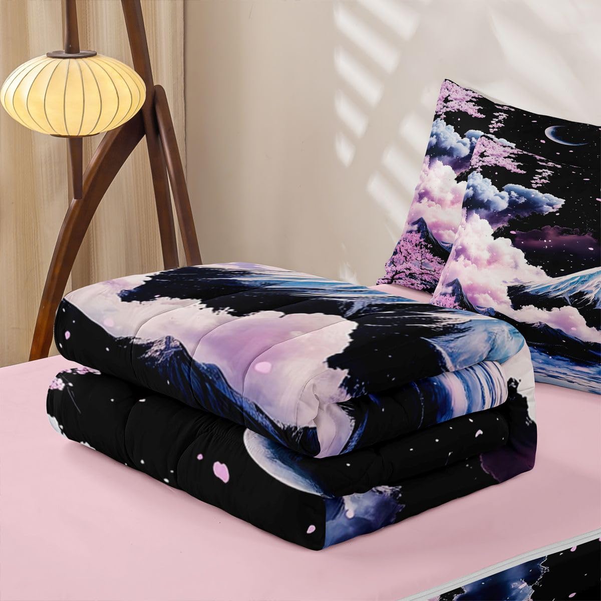 Erosebridal Japanese Cherry Blossom Zip Up Bedding Comforter Sets Twin Size, Japanese Style Comforter in One Zipper - Japan Mount Fuji Bedding Set with Pillowcases