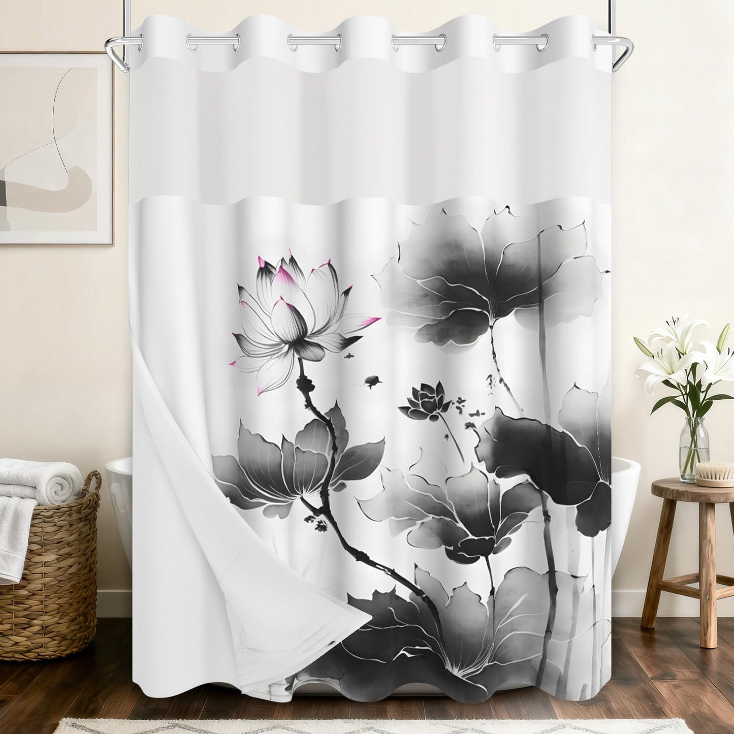 NAEMBCU No Hook Shower Curtain and Liner Set, Black and White Lotus Floral Shower Curtains for Zen Minimalist Spa Bathroom, Waterproof Bath Tub Curtain with Sheer Top Window, 71x74 Inch