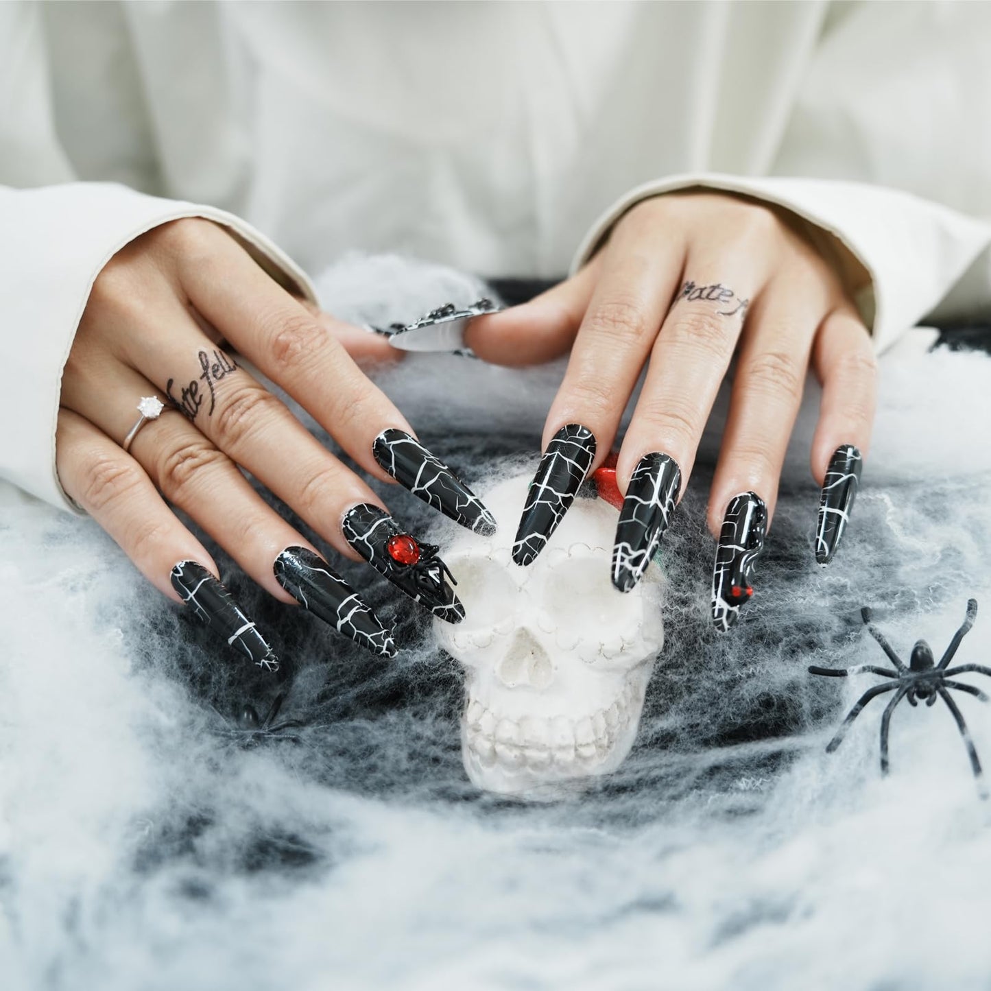 Tesytto Gothic Press on Nails Long Almond - Edgy Black Cracked Nail Art with 3D Spider & Snake Charms, Multi-Layer Gel Reusable Acrylic Nails for Halloween (Nightfall Nymph,M)