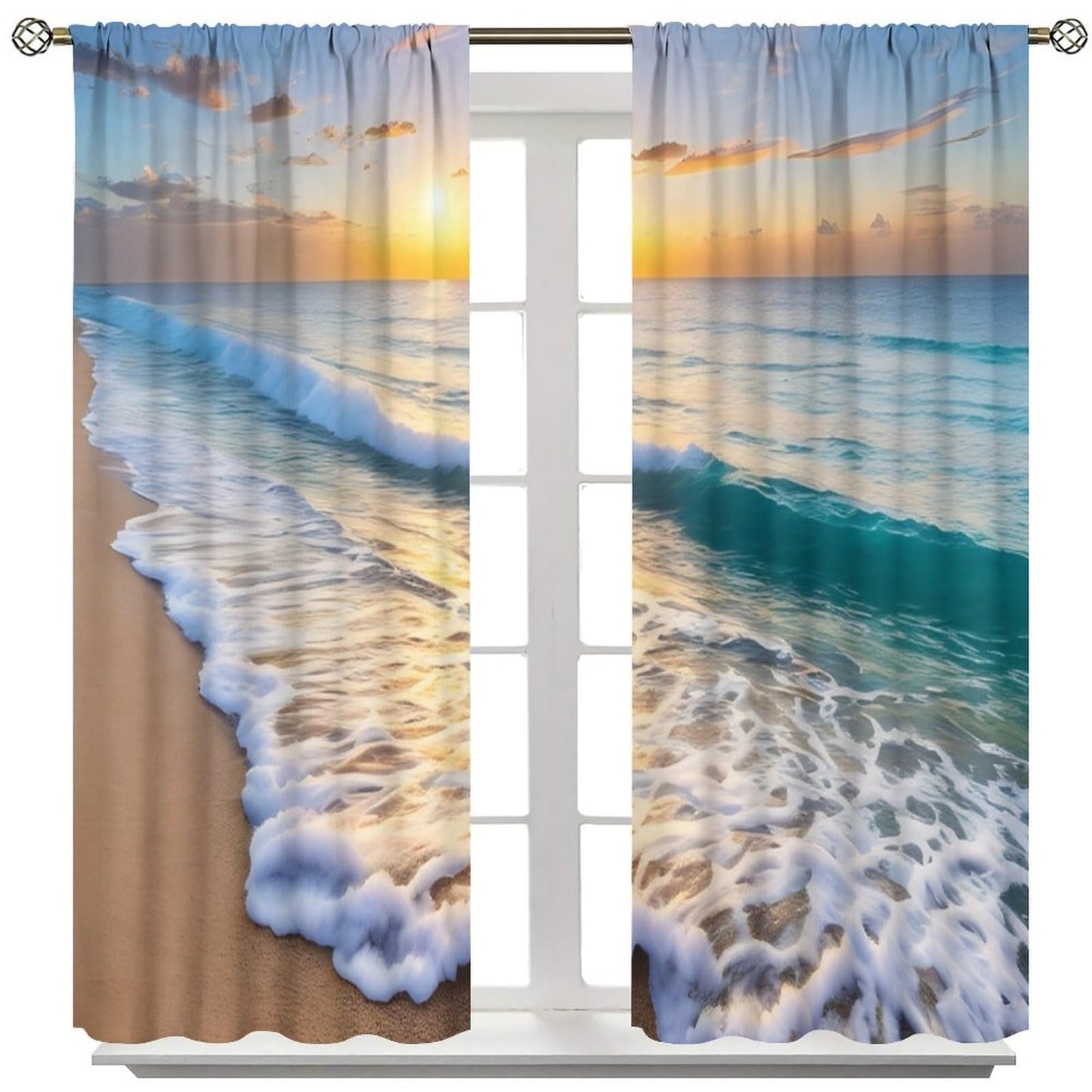 Nitmbi Beach Sunset Curtains,Ocean Tropical Summer Hawaiian Sunset Sea Waves Scenery Pattern Drapes Window 2 Panel Rod Pocket Curtain for Bedroom Living Room Decor 42" W X 45" L