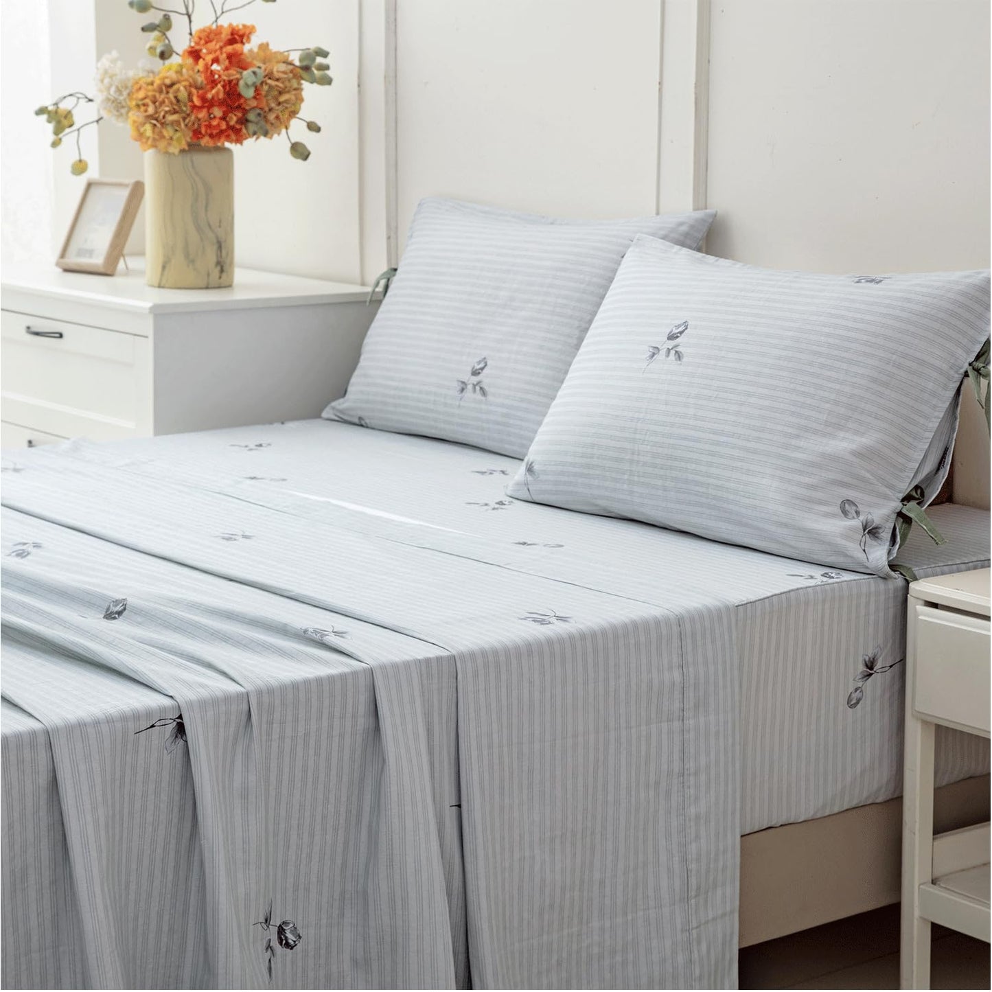 FADFAY 100% Cotton Double Gauze Muslin Sheet Set, Gray Striped Floral Bed Sheets with Bow Tie Detail, Ultra Soft Breathable Cooling Sheets, Deep Pocket Luxury 4 Piece Bedding Set,Twin