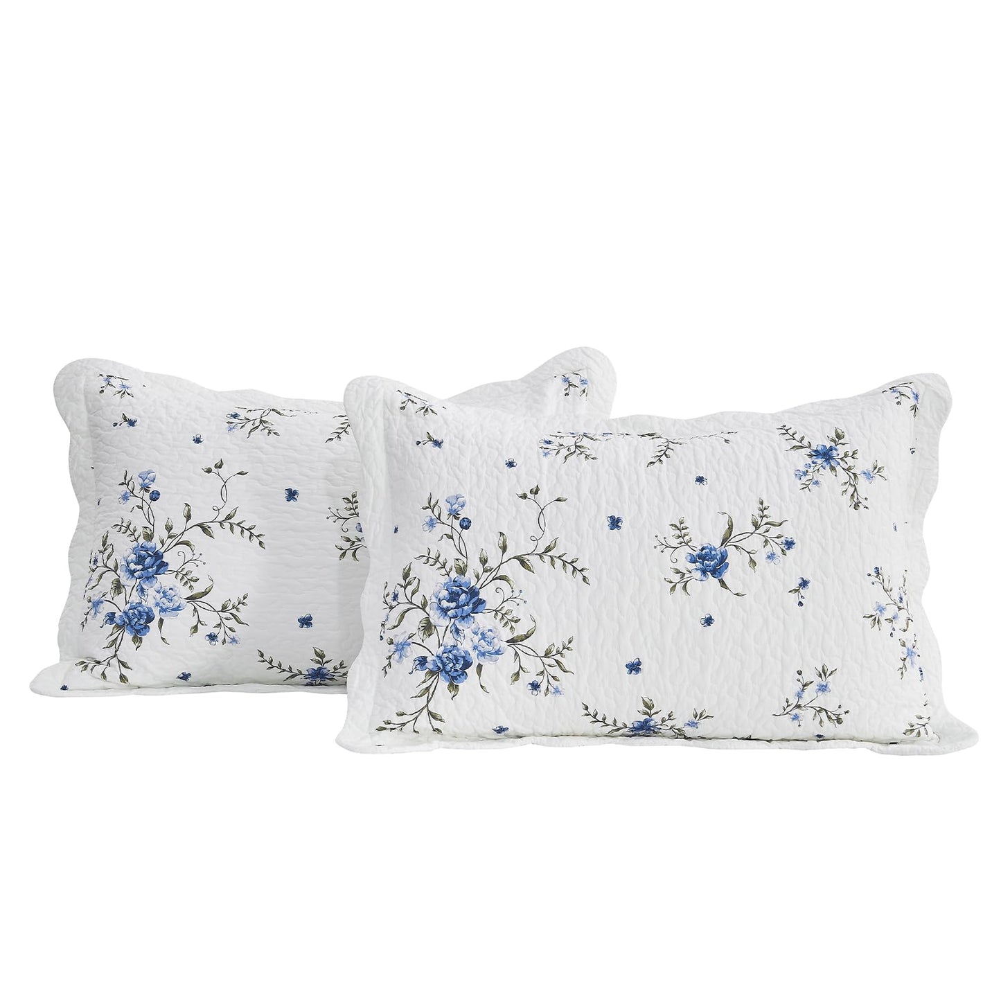 CozyStitch Floral Bedspread 128"x120" California King Quilt, 100% Cotton XL Oversized King Bedspread Coverlet Set with 2 Pillowshams, Lightweight Farmhouse Quilted Comforter, White/Blue/Green, 3 Pcs