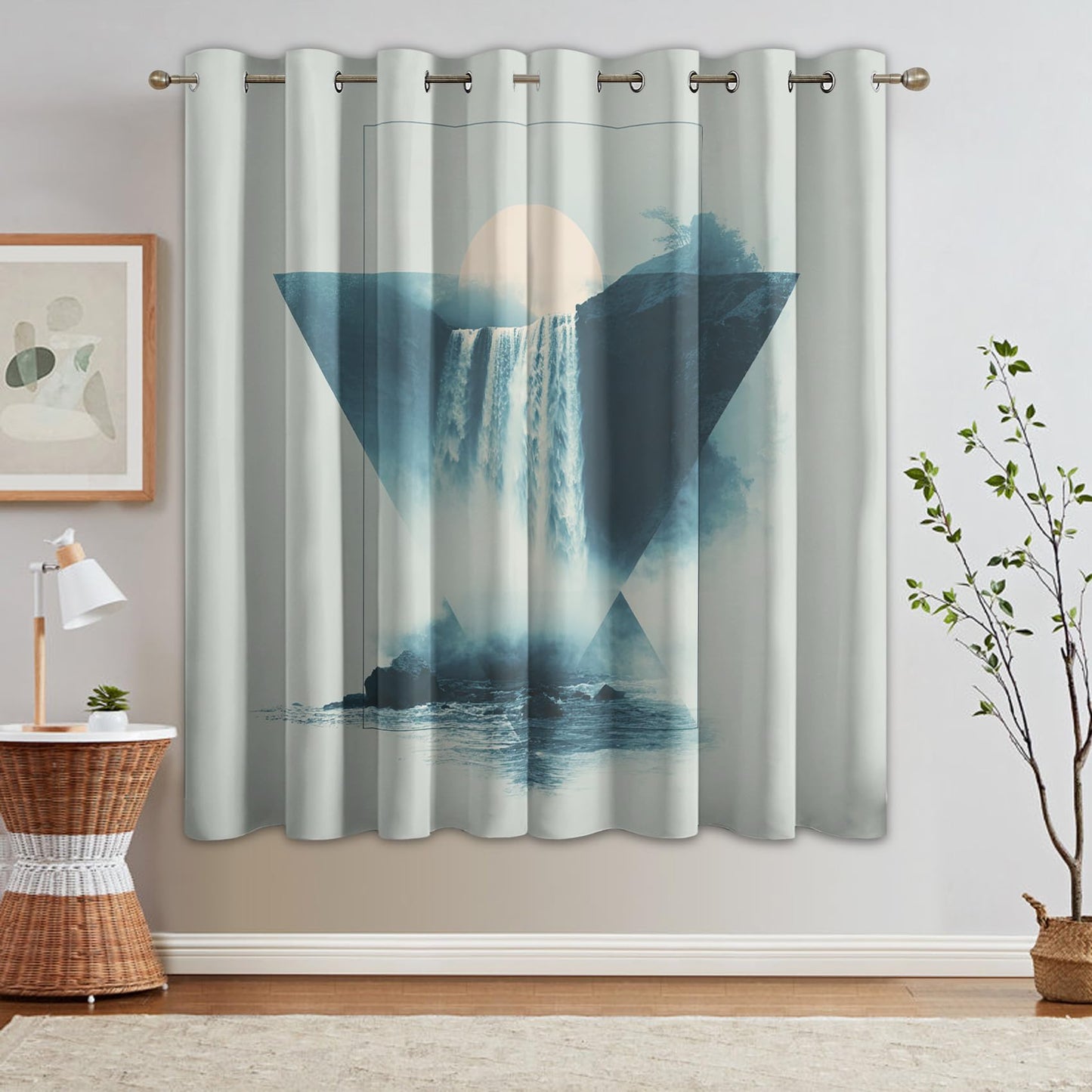 Flumoxa Landscape Blackout Curtains 39 Inches Long 2 Panels Set, Moon Mountain Waterfall Geometric Curtains for Bedroom Living Room Kitchen Window, Landscape Home Decor Drapes