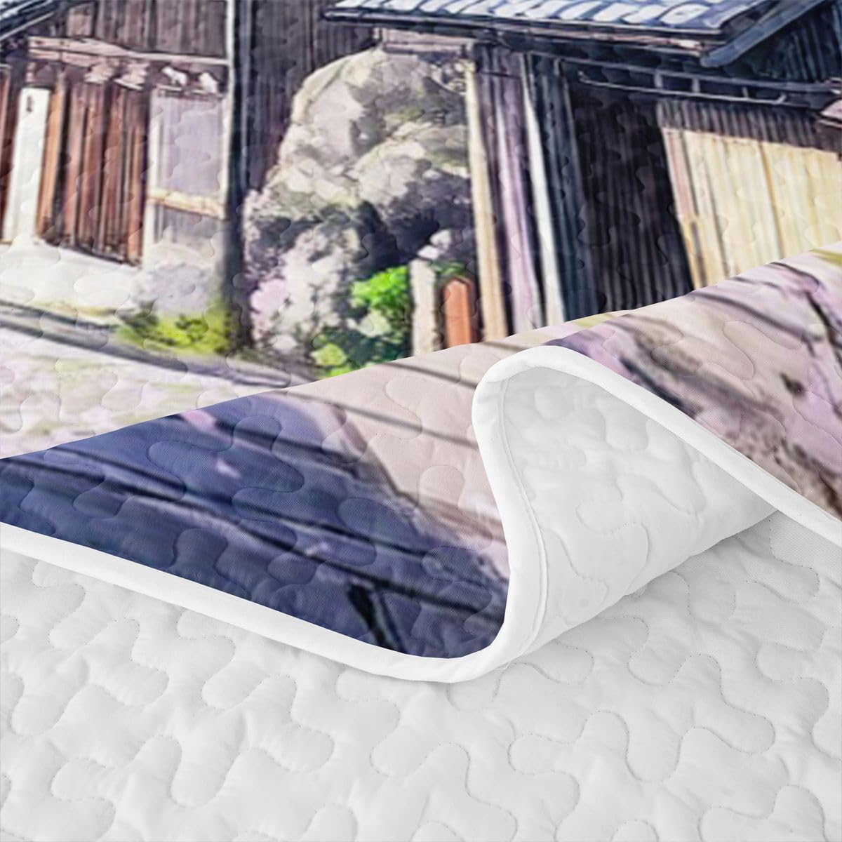 Erosebridal Japanese Ukiyo-E Quilt Twin Size - Watercolor Landscape Bedspread Japanese Cherry Blossom Bed Coverlet with 1 Pillowcase