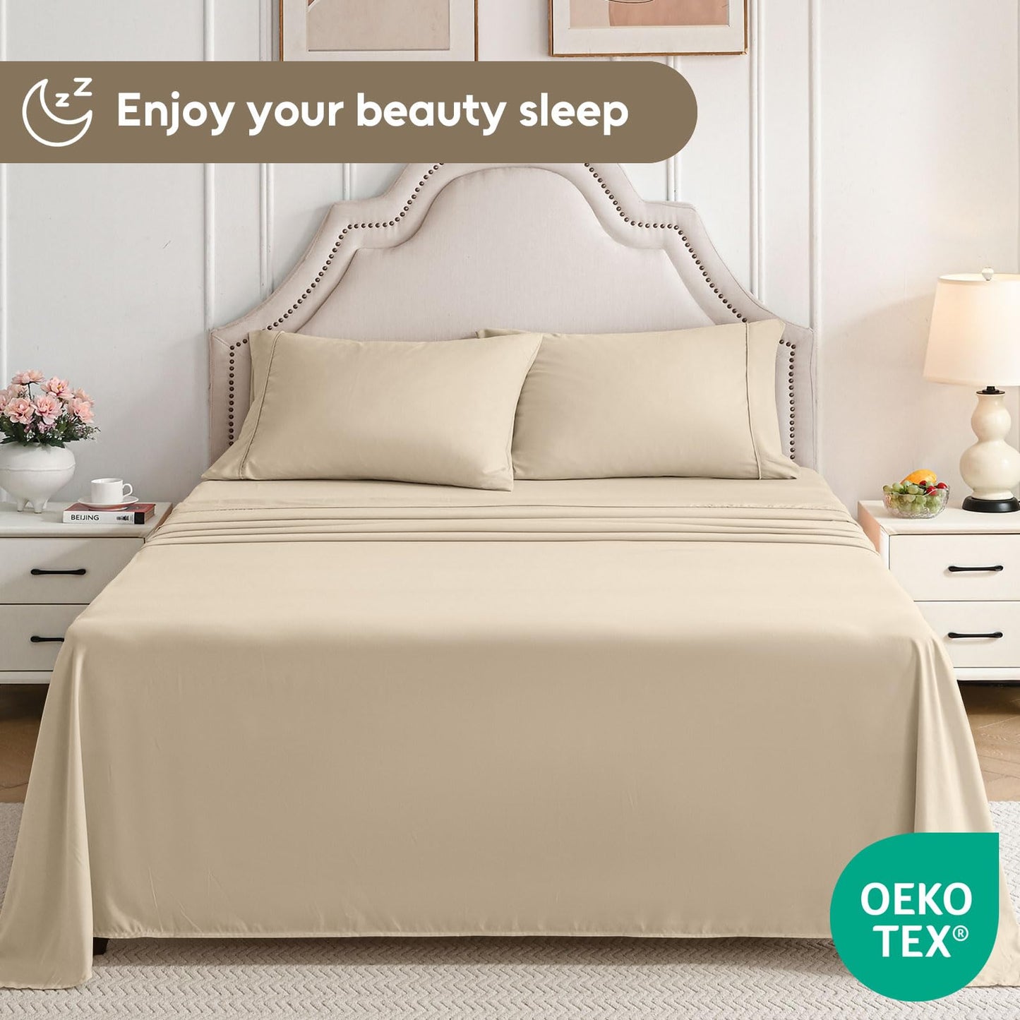 Swiftify Twin Sheets Set, 3 Pieces Hotel Luxury Soft Microfiber Bed Sheets Set, Up to 16" Deep Pockets, Oeko-Tex Sheets with Elastic, Breathable, Wrinkle Free (Beige, Twin)