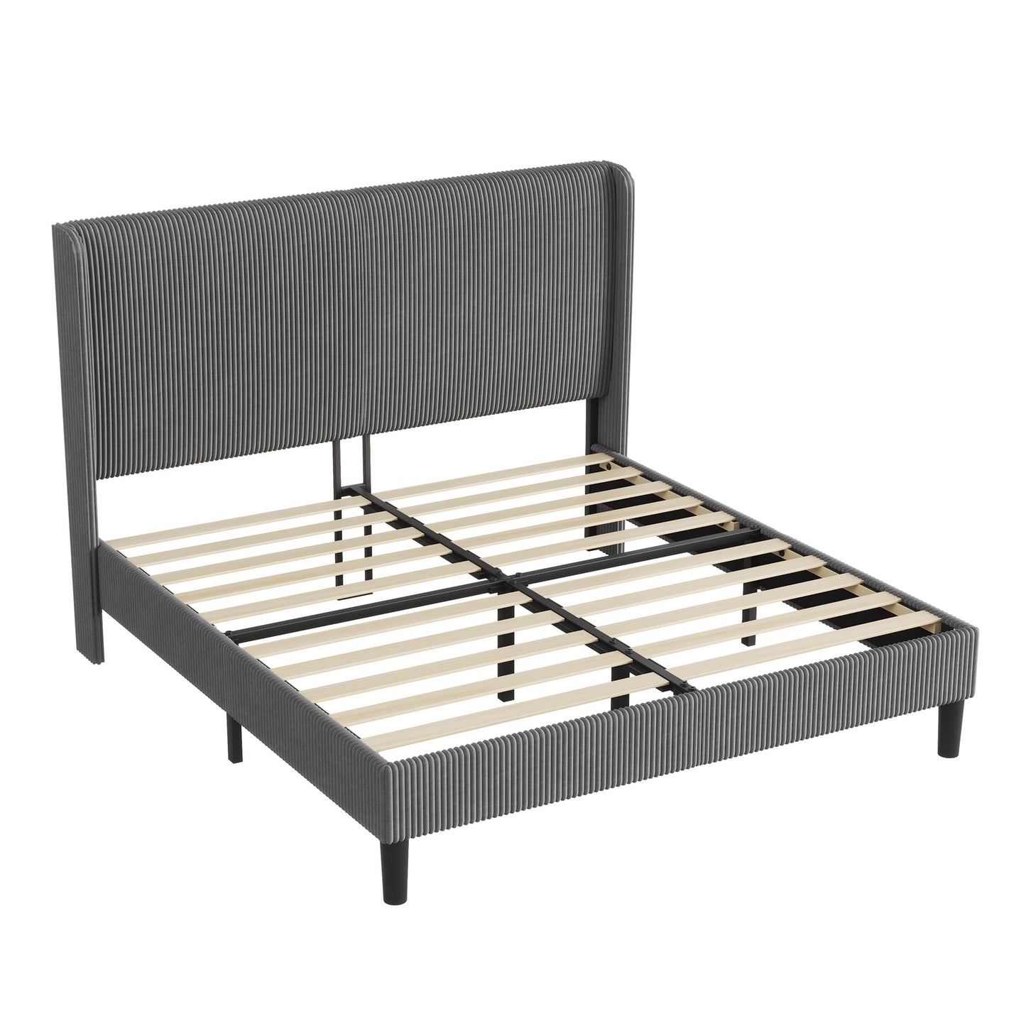 AMERLIFE King Bed Frame, Upholstered Platform Bed with Corduroy Headboard, Easy Assembly Modern Grey Bed Frame with Wooden Slats Support, No Box Spring Needed