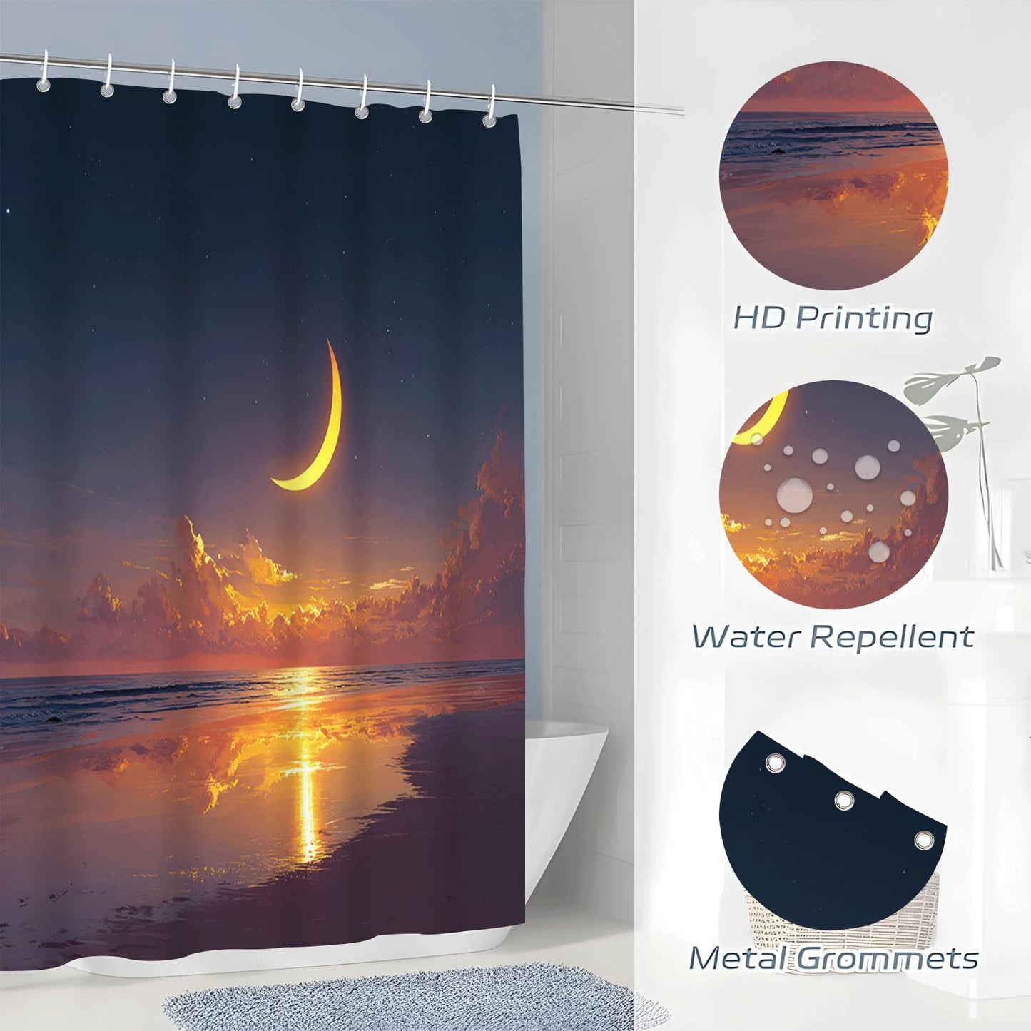 ZROLUW Moon Tropical Sea Shower Curtain 72" W x 72" L Nature Bathroom Decor Curtain with Hooks