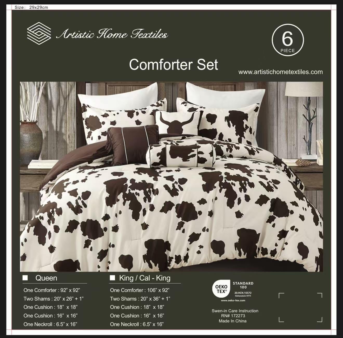 Artistic Home Textiles 6-Piece Cow Print Comforter Set, Western Farmhouse Bedding Set, Brown & Cream Microfiber Bed in a Bag with Decorative Pillows (Cowboy 6pcs, King