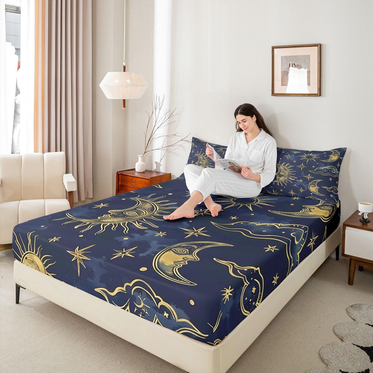 Erosebridal Moon Galaxy Bed Sheets Set Full Mystical Celestial Star Sky Sheet Set Bohemia Sun Moon Sheets Cosmic Cloud Flat Fitted Sheet