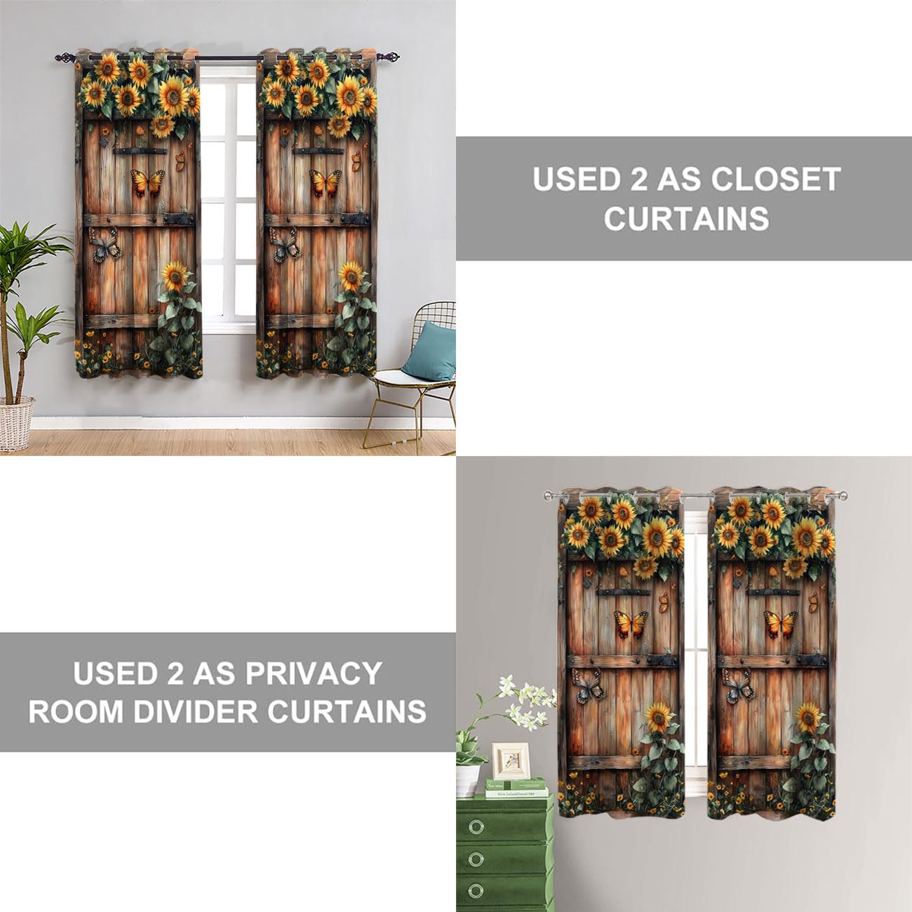 Shixiaoyan Wooden Barn Door Door Curtain for Doorway Privacy Sunflower Flowers Butterfly Country Closet Door Cover Curtain for Darkening Door Drape for Kid Teens Boys Teens, 1 Panel 34" W X 80" L