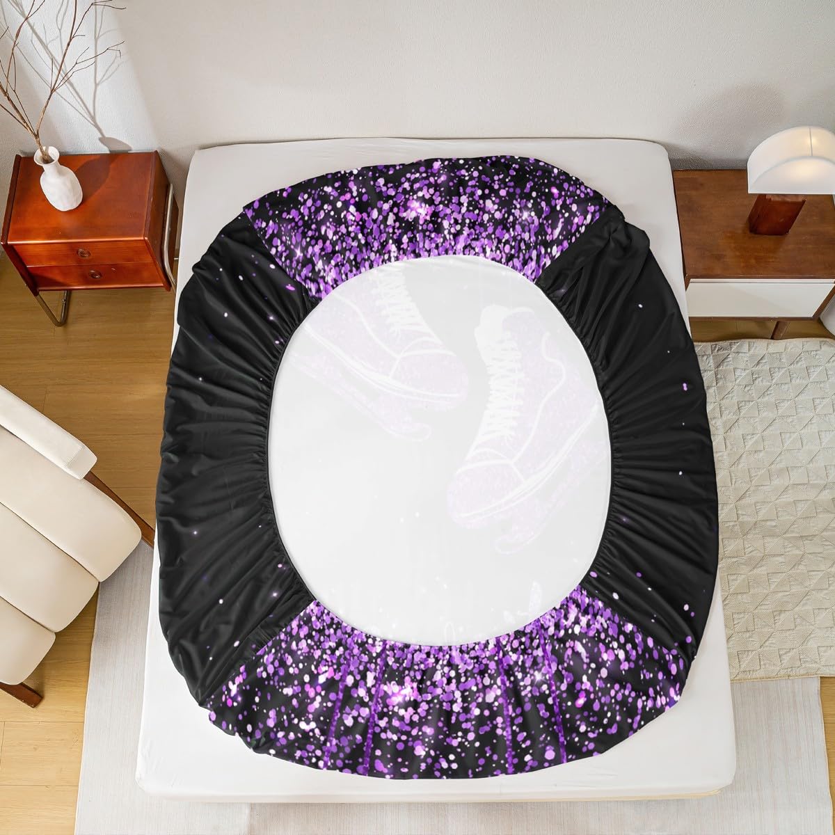 Homewish Skate Shoes Fitted Sheet Queen Size,Ice Skating Game Bedding Set 3pcs for Kids Teens Girls Boys Room Decor,Extreme Sport Bed Cover Glitter Purple Bed Sheet Set with 2 Pillowcases