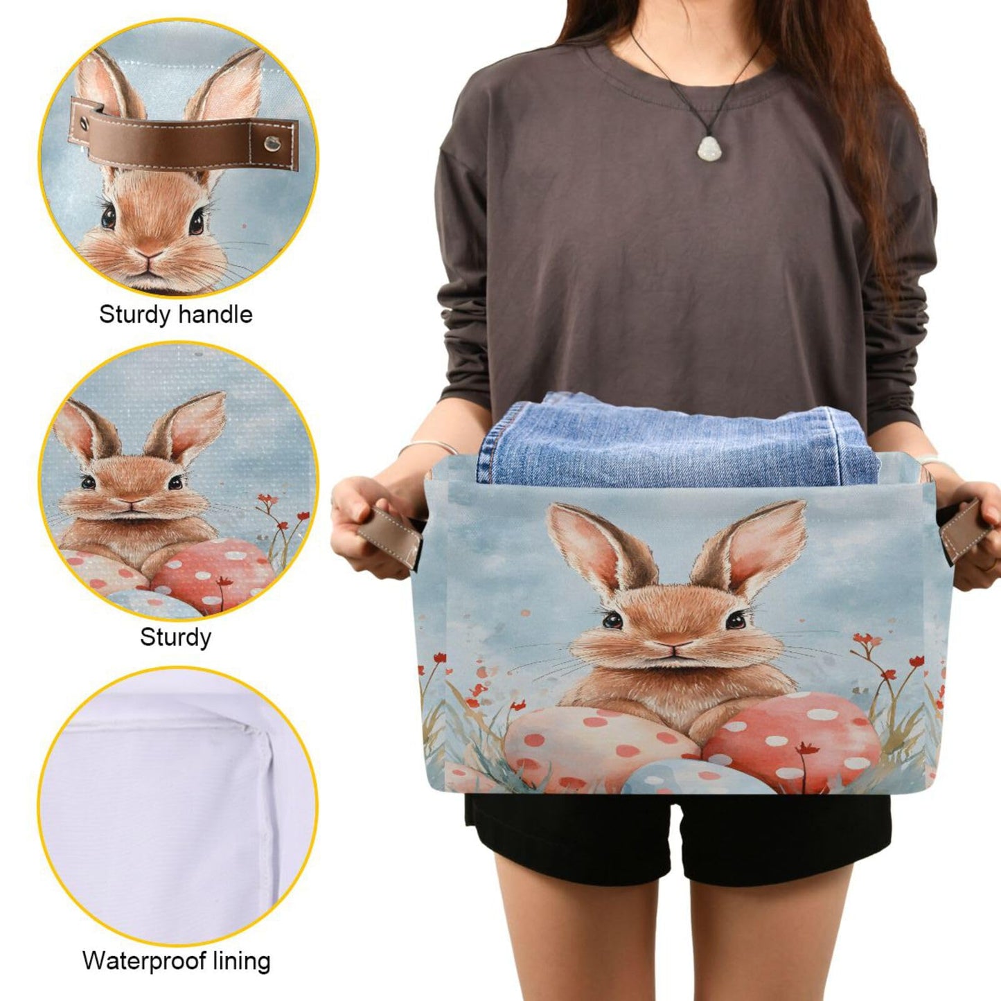 senya Easter Storage Basket, Easter Rabbit Bunny K Foldable Fabric Collapsible Storage Bins Organizer Bag for Storage Clothes