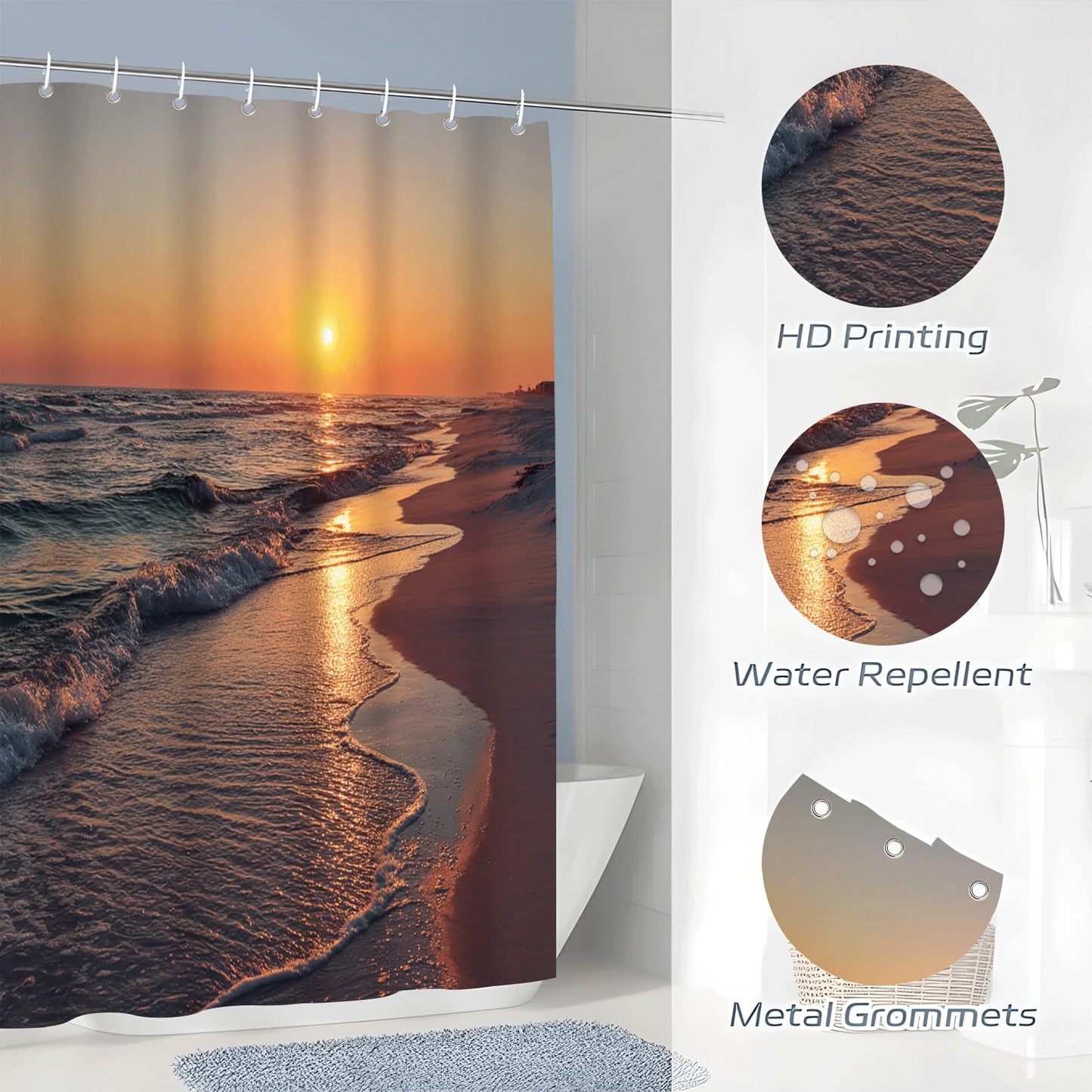 ZROLUW Ocean Beach Shower Curtain -72" W x 72" L Sunset Waves Nature Landscape Water Repellent Shower Curtain Set, Machine Washable, Modern Decorative Polyester Cloth Shower Curtains for Bathroom