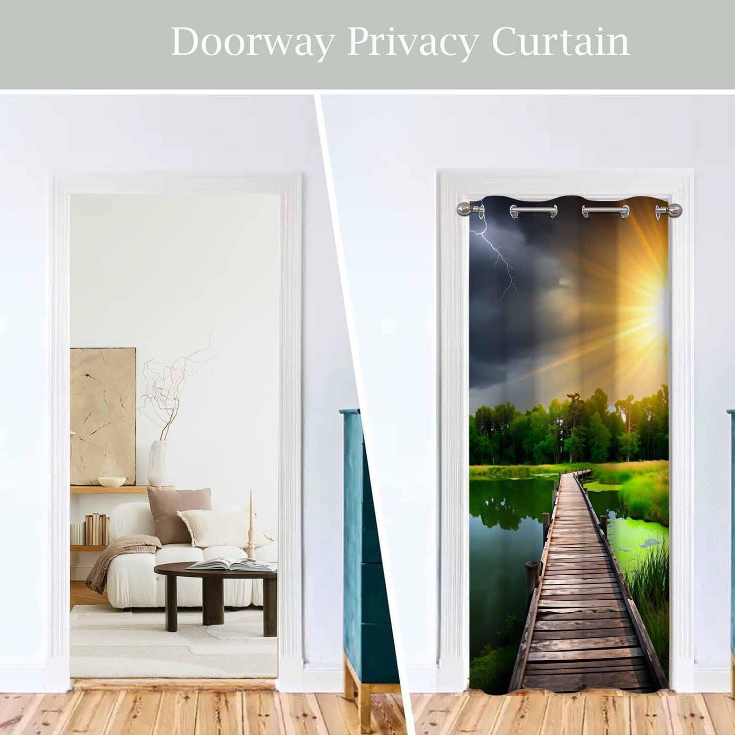 Haciadan Wooden Bridge Sliding Door Curtain River Sunset Green Grass Doorway Curtain 1 Panel 34" W X 80" L Door Drape for Kitchen Restaurant