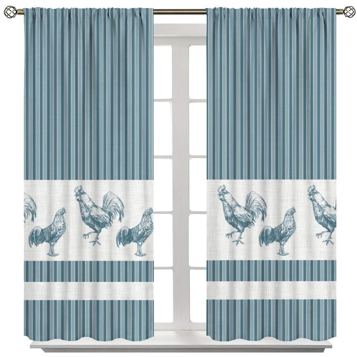 DDCBNS Chicken Kitchen Curtains,Rustic Rooster Pattern Stripe Modern Concise Design Window Treatments for Café Kitchen Rod Pocket Home Décor Drapes 2 Panel Sets Total Size 42" x 45" Blue