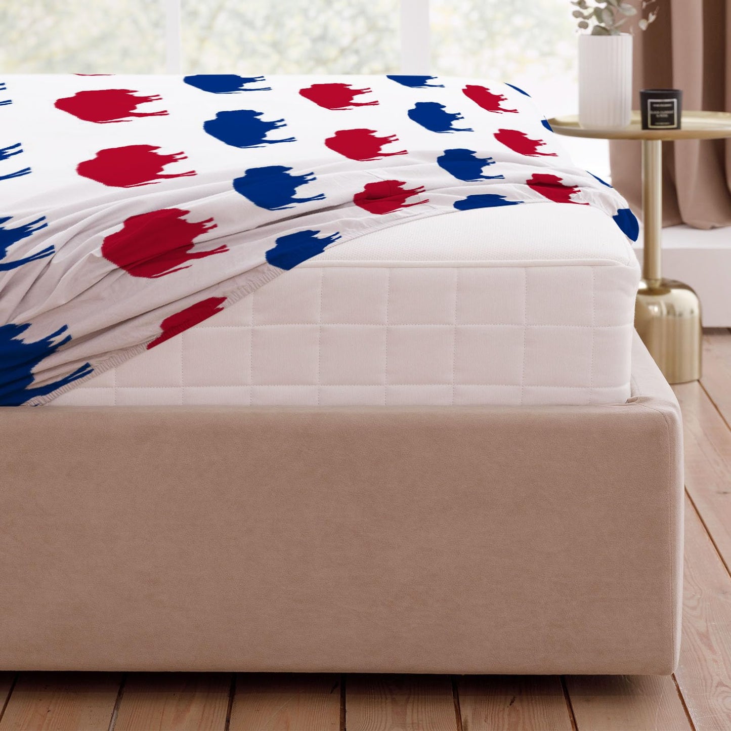 Allenjoy Full Size Red Blue Buffalo Fitted Sheet Animal Silhouette Pattern Bed Flat Sheets Bedding Set Deep Pockets Up to 16" Bedroom Decor with 2 Pillowcases