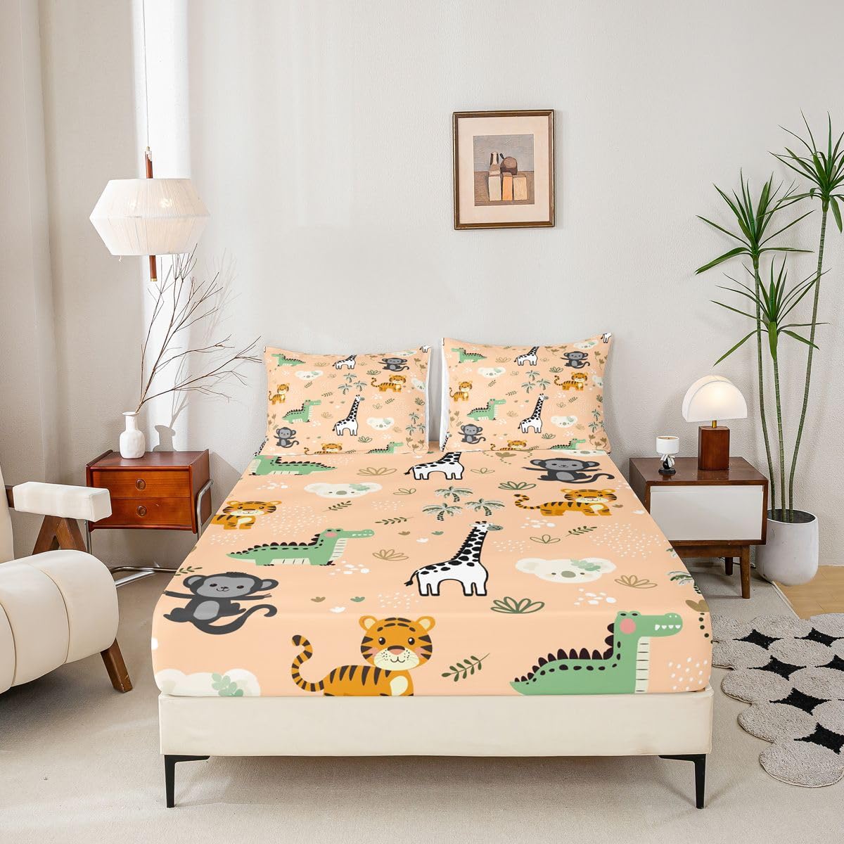 Erosebridal Jungle Animals Sheet Set Full Cute Cartoon Animals Bed Sheets for Kids Boys Girls Safari Flat Fitted Sheet Hunting Wildlife Sheets 3 Pcs