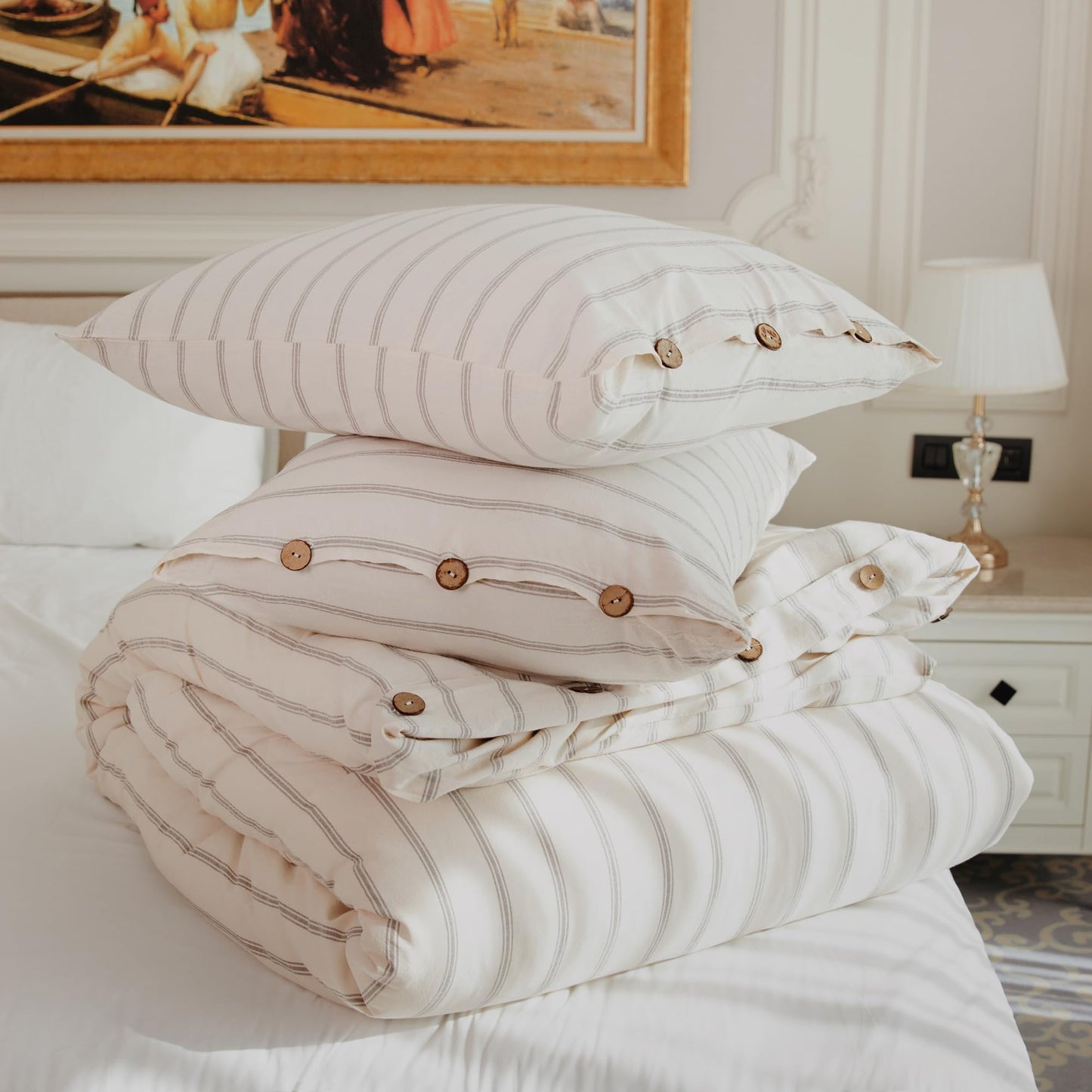 Lavien Home, 100% Natural Cotton Duvet Cover Set Twin Size, Striped 2-Piece Linen Like Bedding - Pre-Washed for Softness and Comfort (Didyma, Twin 68”x90”)