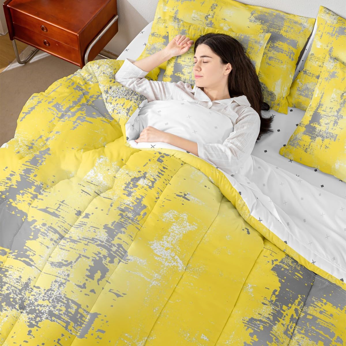 Feelyou Abstract Queen Comforter Set with Sheets for Kids Boys Girls Modern Abstract Art 7 Pieces Bedding Set Yellow Gray Bed in a Bag Luxury Room Decor Geometric Soft Lightweight Microfiber
