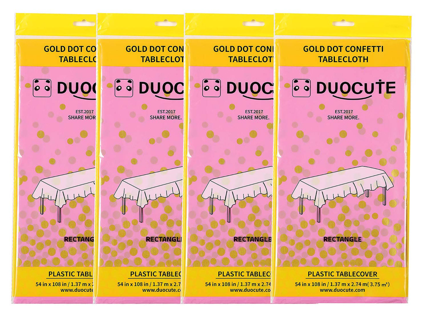 108"x54" 4 Packs Pink and Gold Disposable Party Tablecloth for Rectangle Table, Gold Stamping Dot Confetti Rectangular Plastic Table Cover, for Bachelorette, Girl Birthday and Baby Shower, Wedding